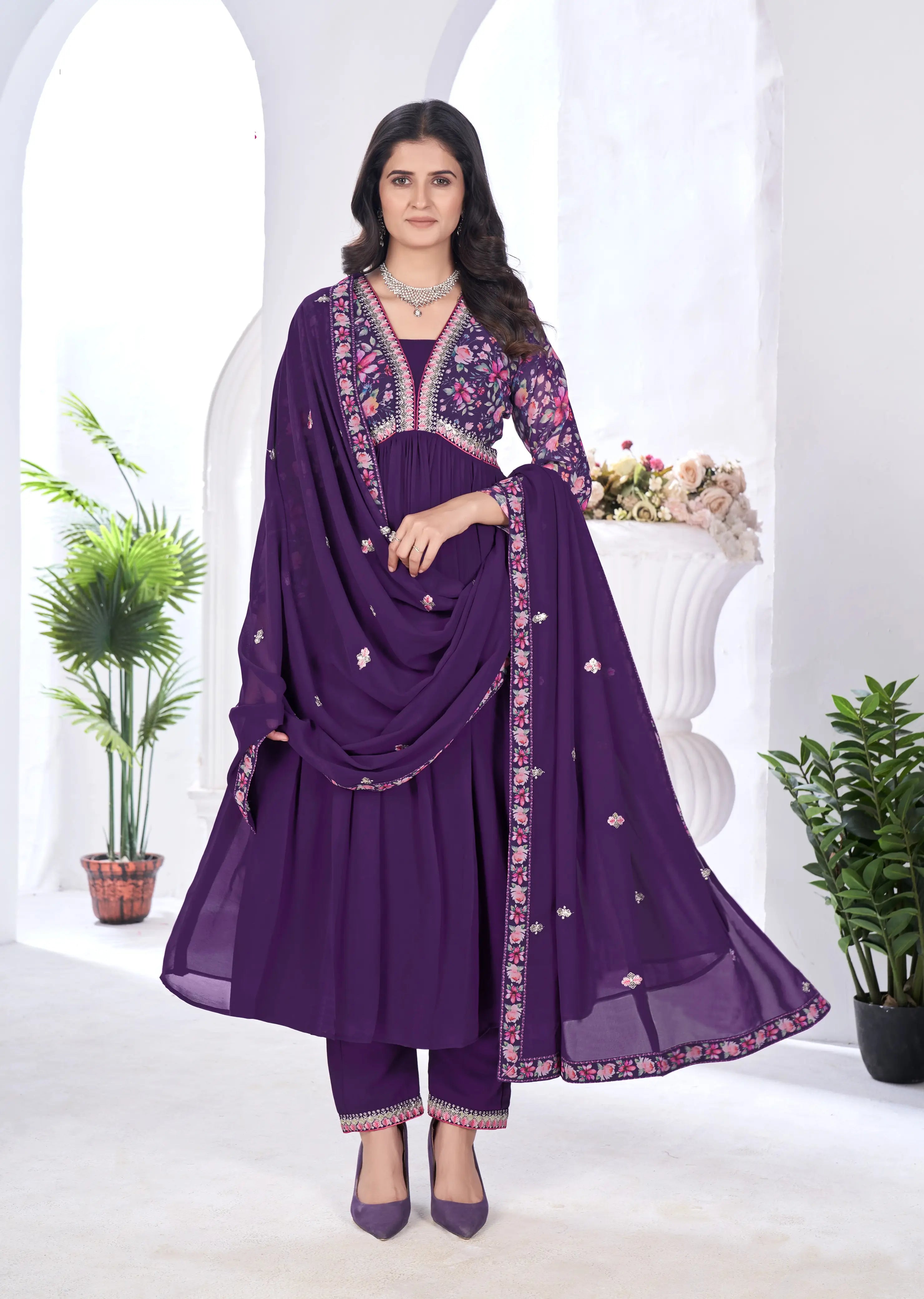 Purple Magenta Floral Print With Embroidery Work Gown With Dupatta