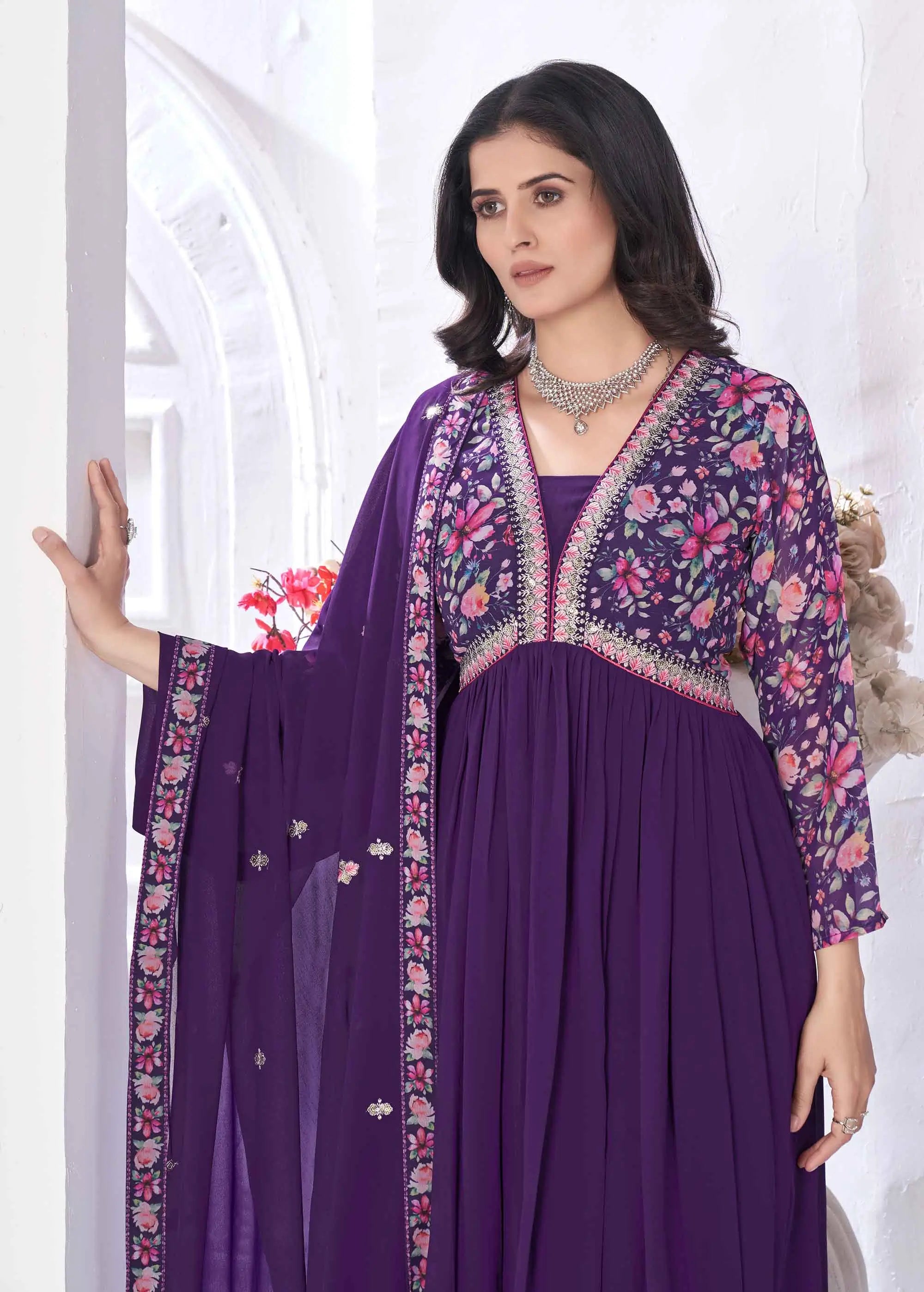 Purple Magenta Floral Print With Embroidery Work Gown With Dupatta - qivii