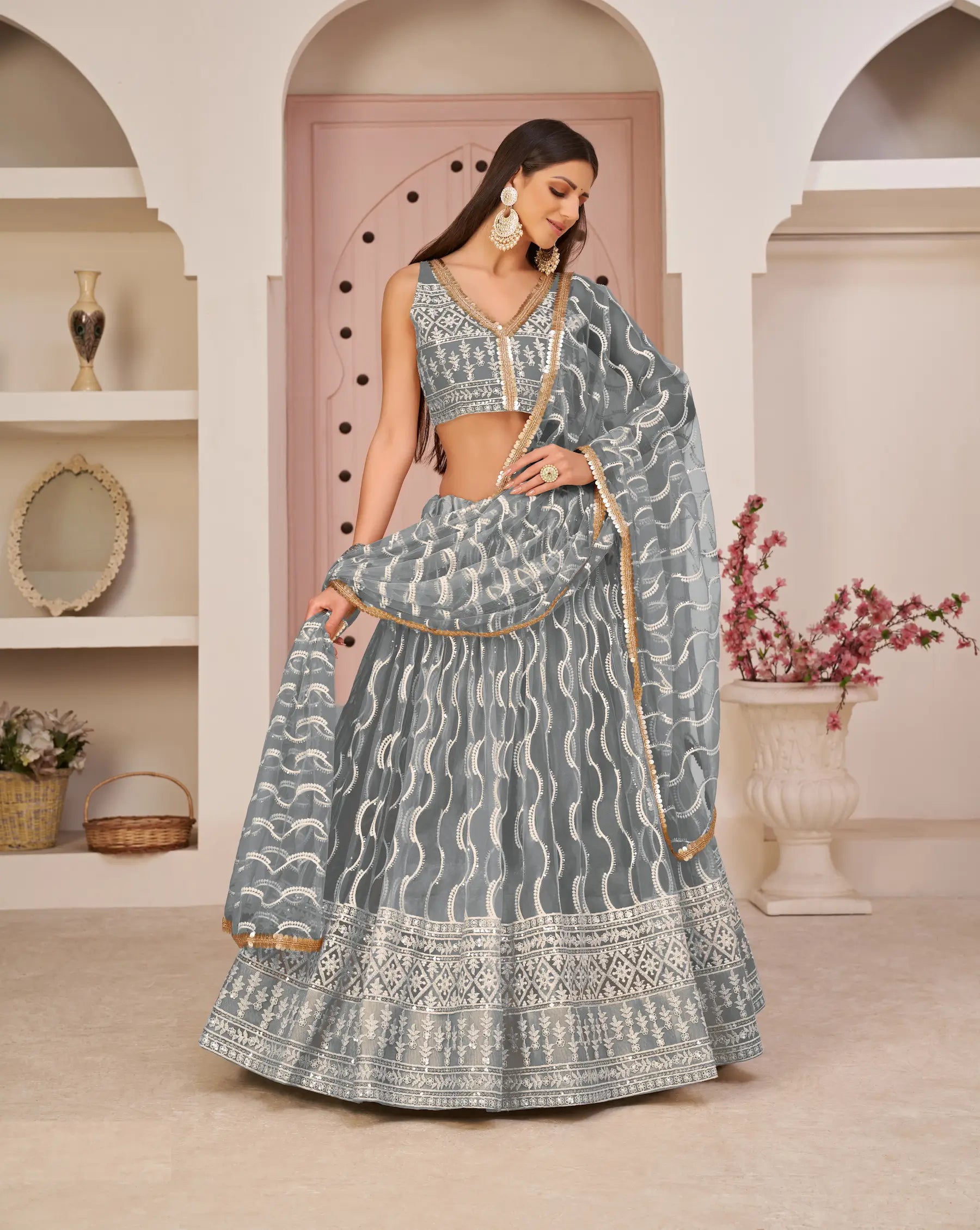 Grey Net Lehenga Choli With White Cotton Thread Work, Zari Work & Sequence Work - qivii