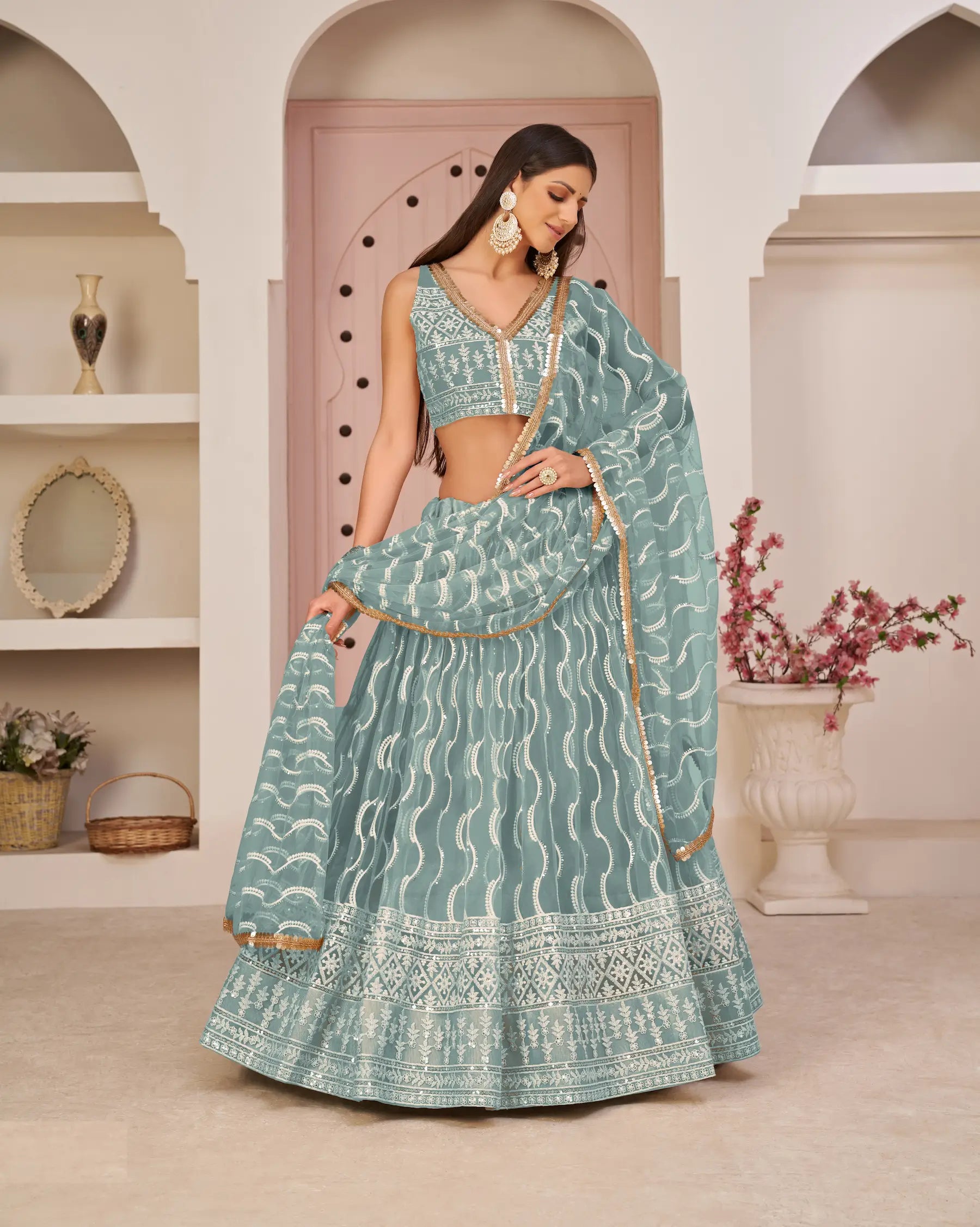 Ocean Blue Net Lehenga Choli With White Cotton Thread Work, Zari Work & Sequence Work - qivii