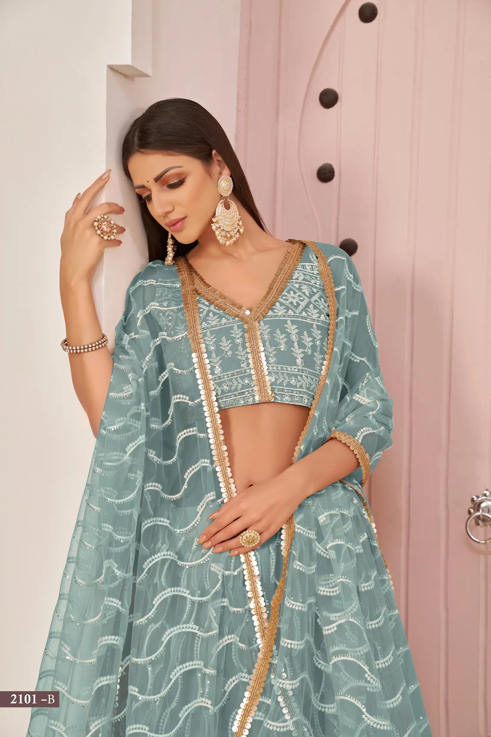Ocean Blue Net Lehenga Choli With White Cotton Thread Work, Zari Work & Sequence Work - qivii