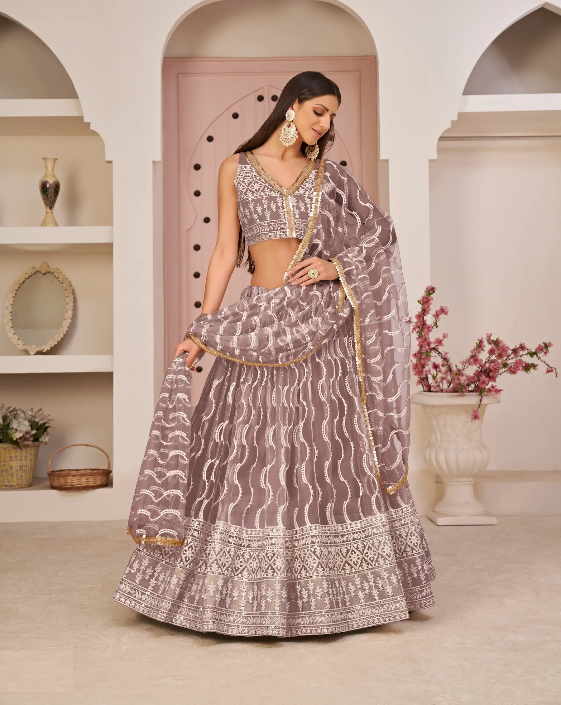 Onion Pink Net Lehenga Choli With White Cotton Thread Work, Zari Work & Sequence Work - qivii