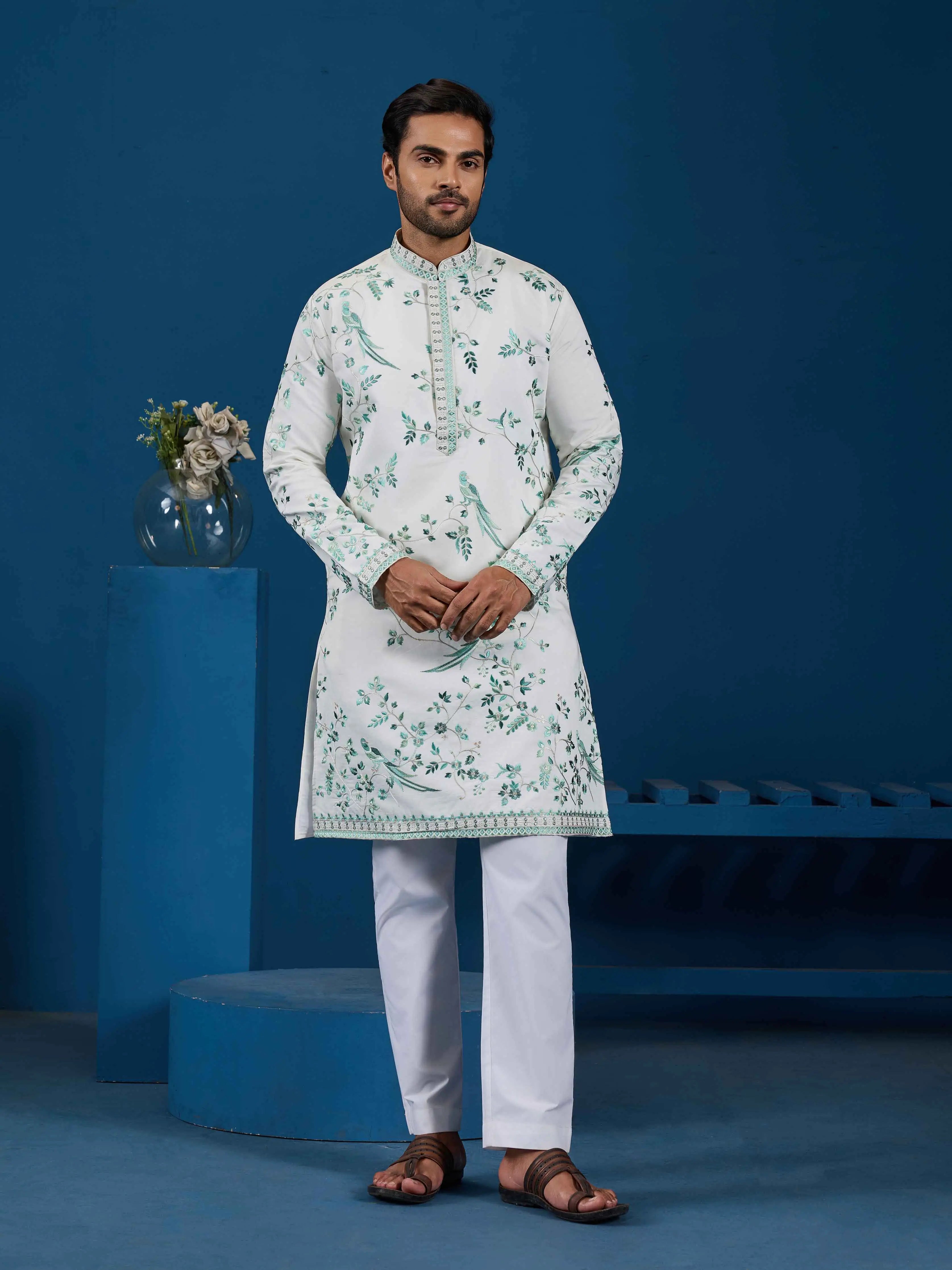 White Embroidery Work Kurta Set