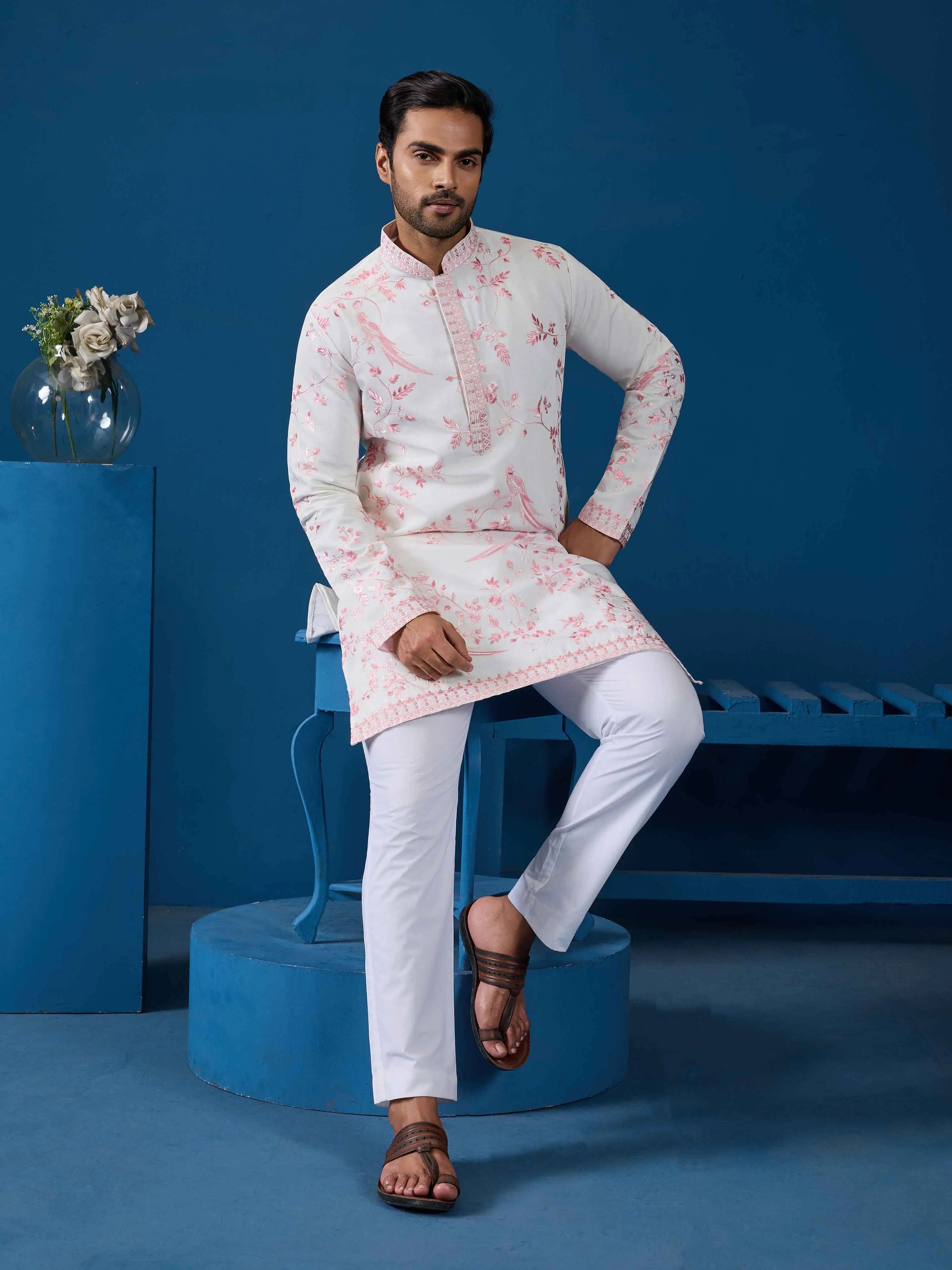 White Kurta Set With Embroidery Work