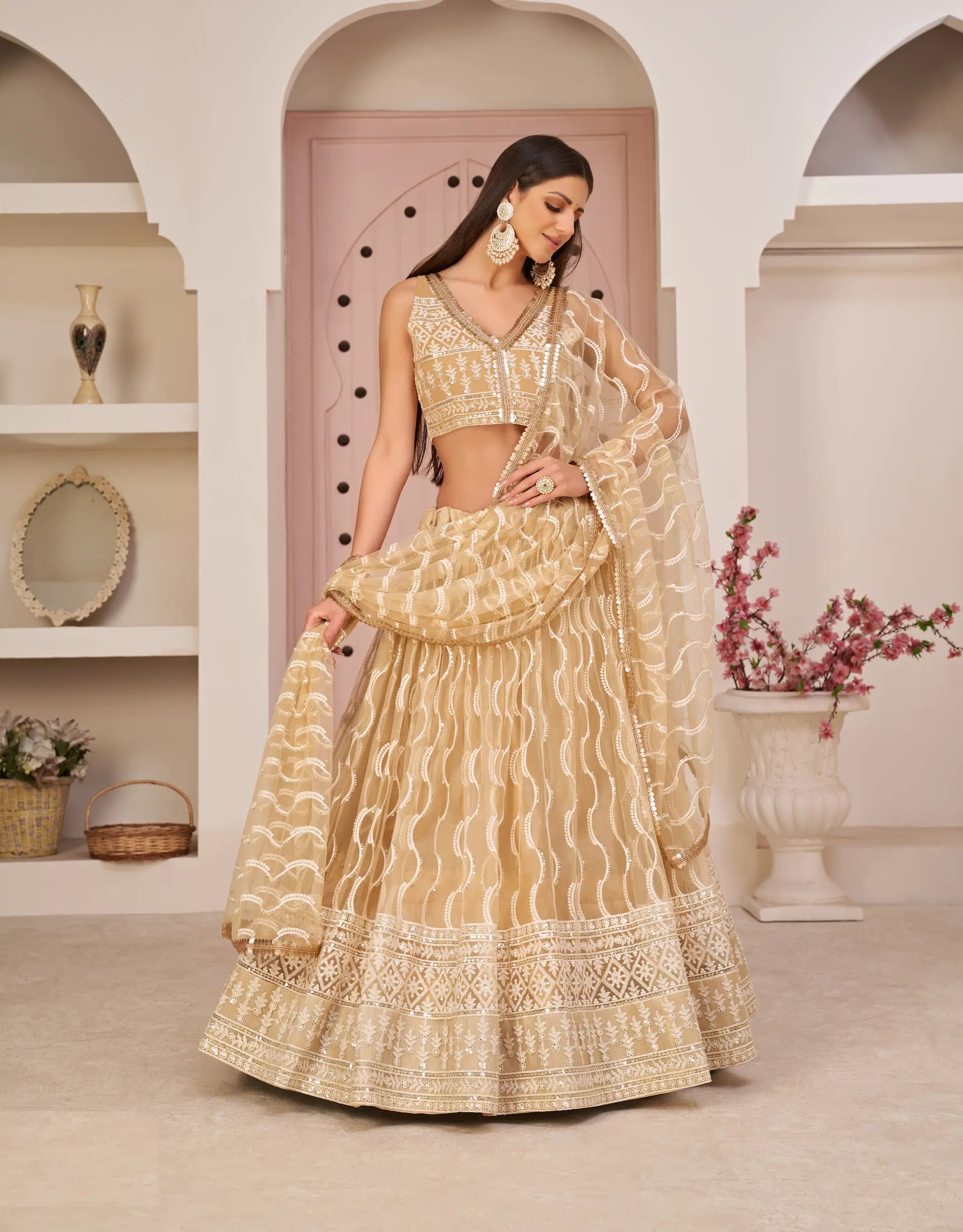 Dark Beige Net Lehenga Choli With White Cotton Thread Work, Zari Work & Sequence Work - qivii