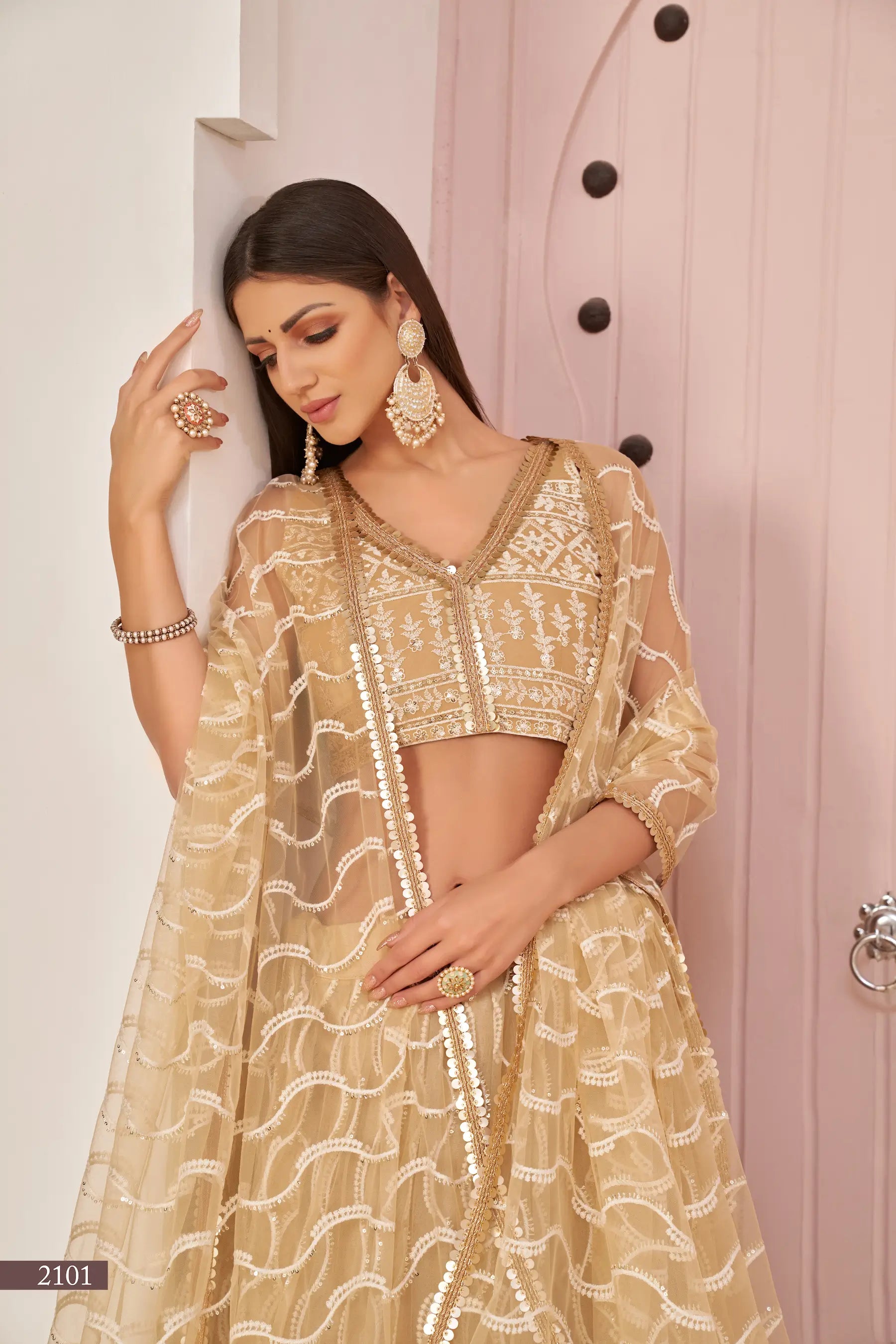 Dark Beige Net Lehenga Choli With White Cotton Thread Work, Zari Work & Sequence Work - qivii