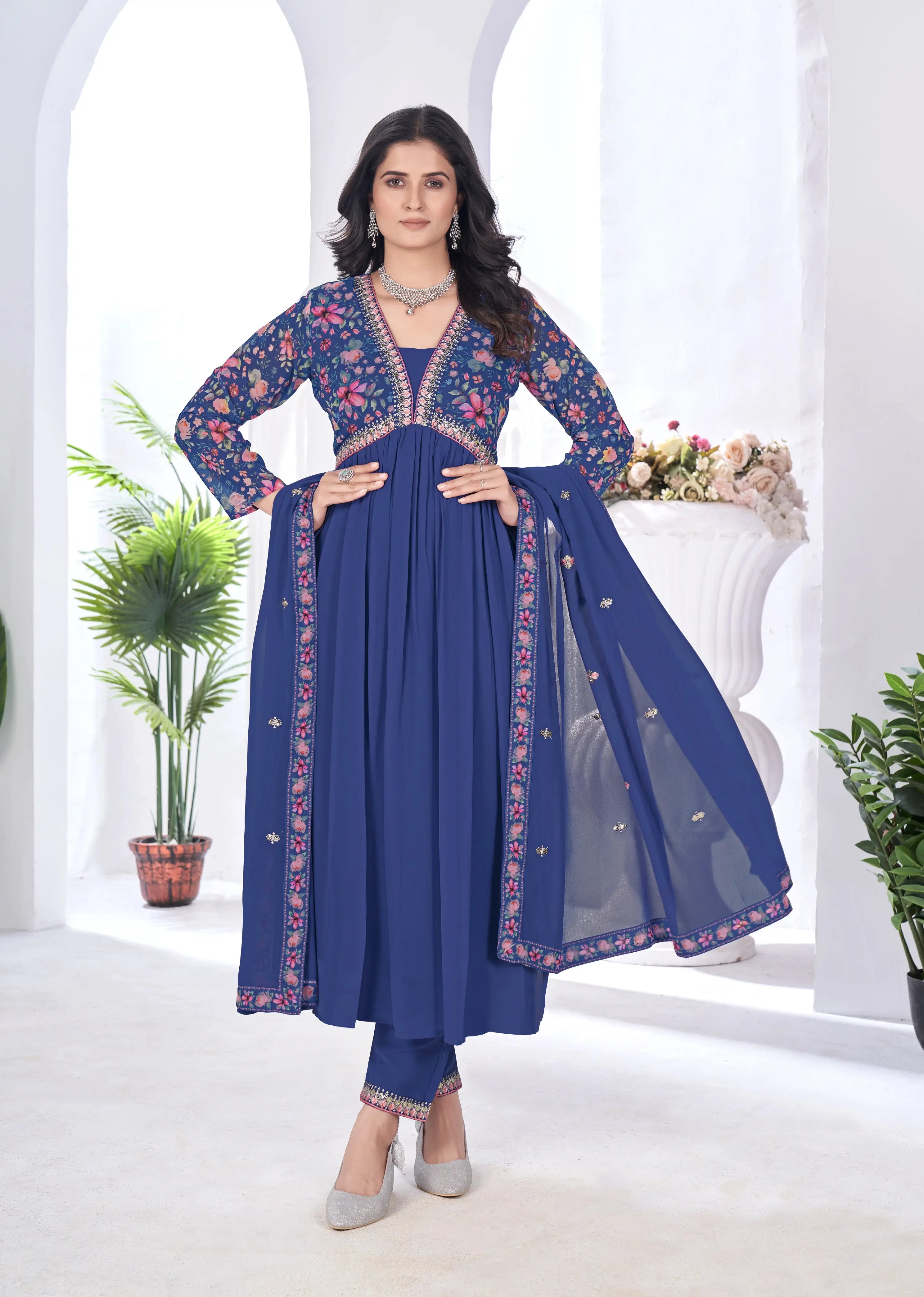 Royal Blue Floral Print With Embroidery Work Gown With Dupatta - qivii