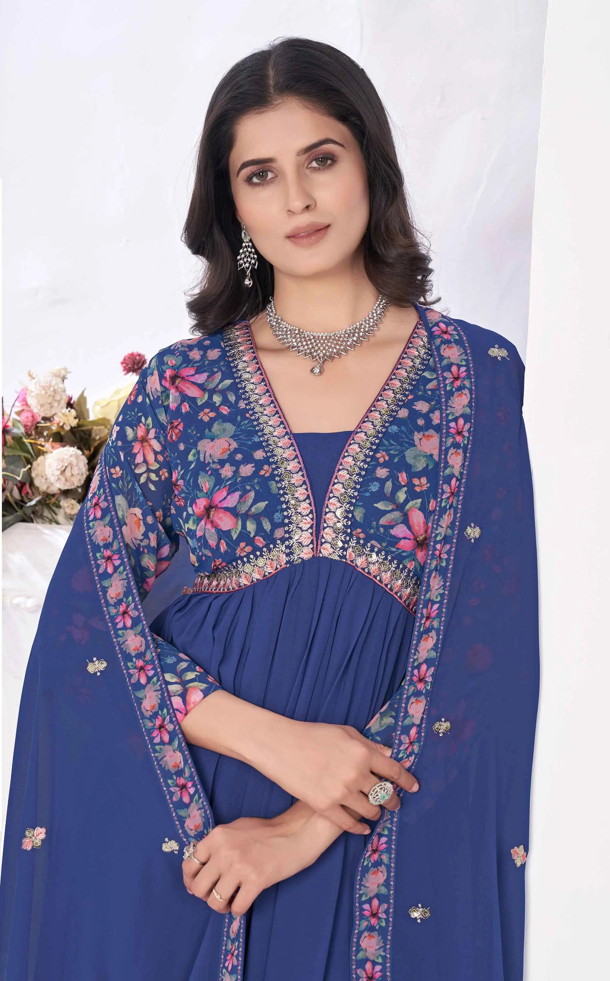 Royal Blue Floral Print With Embroidery Work Gown With Dupatta - qivii