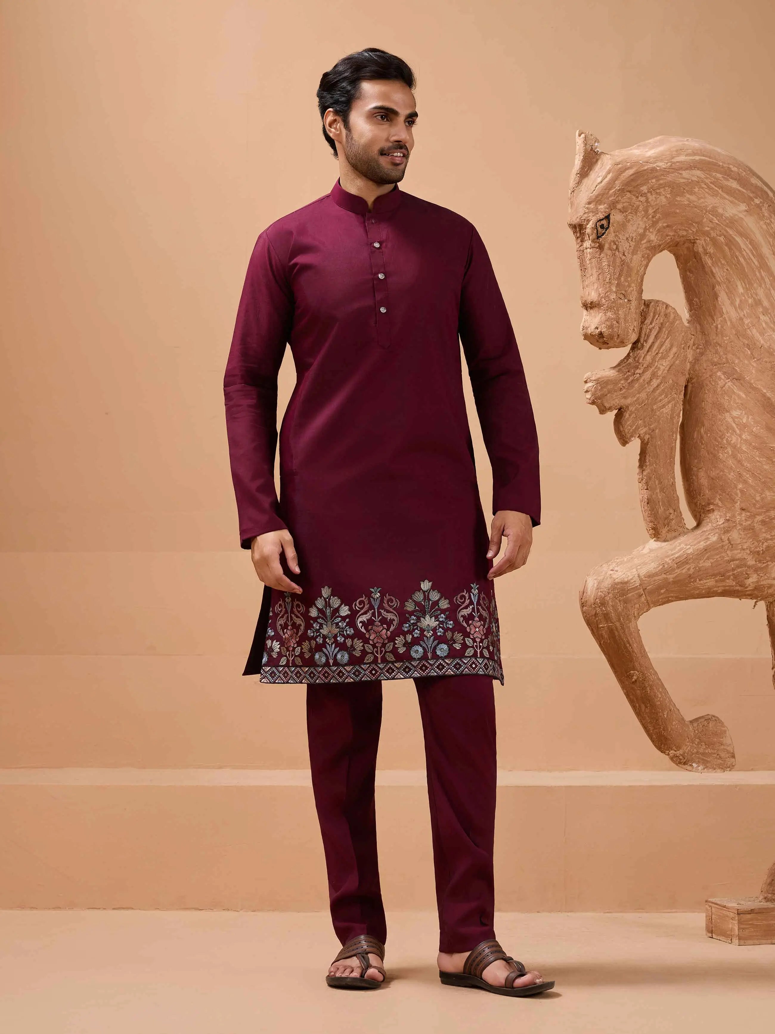 Stylish Maroon Kurta Set With Sequins Embroidery Jacket - qivii