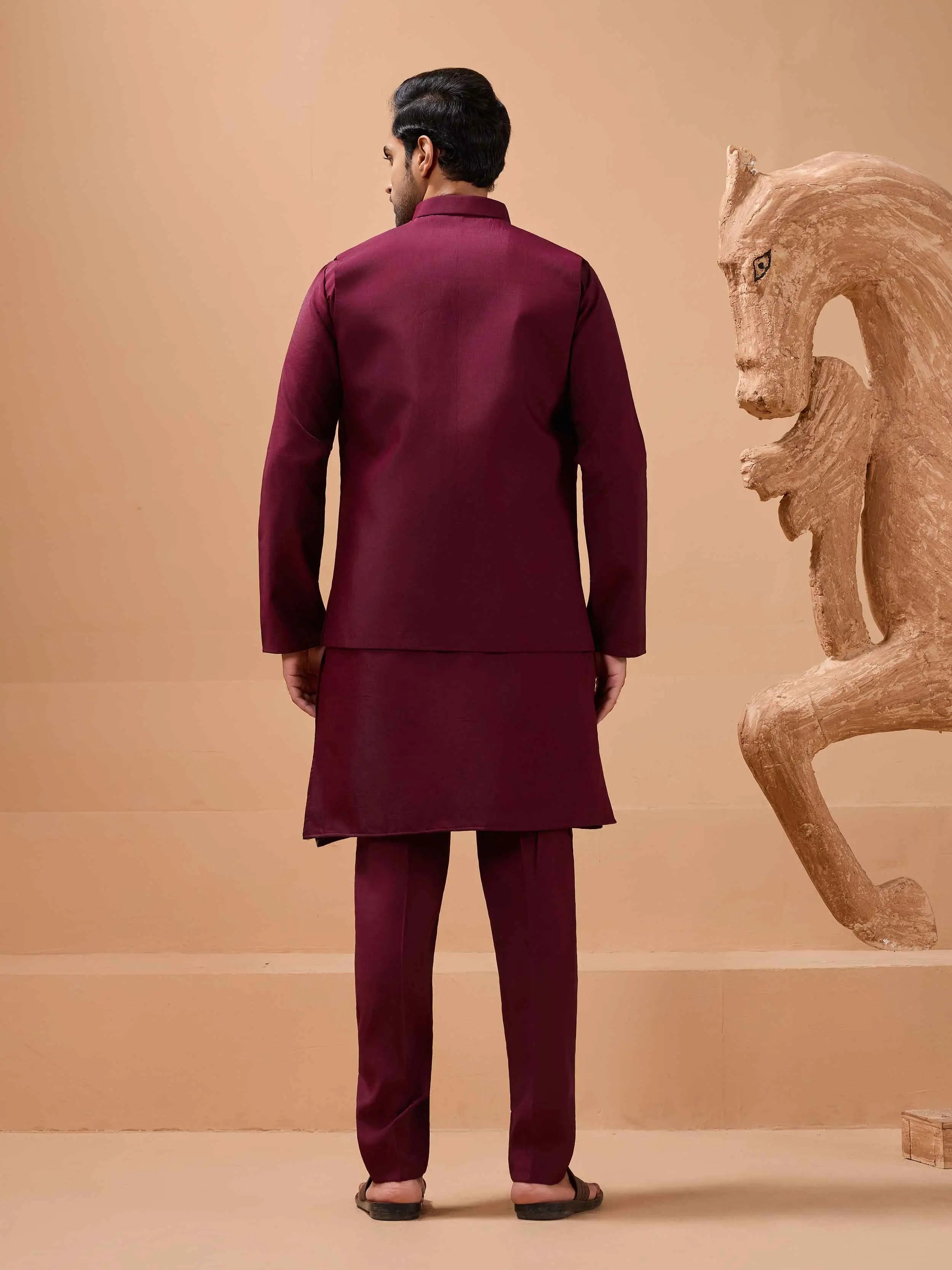 Stylish Maroon Kurta Set With Sequins Embroidery Jacket - qivii