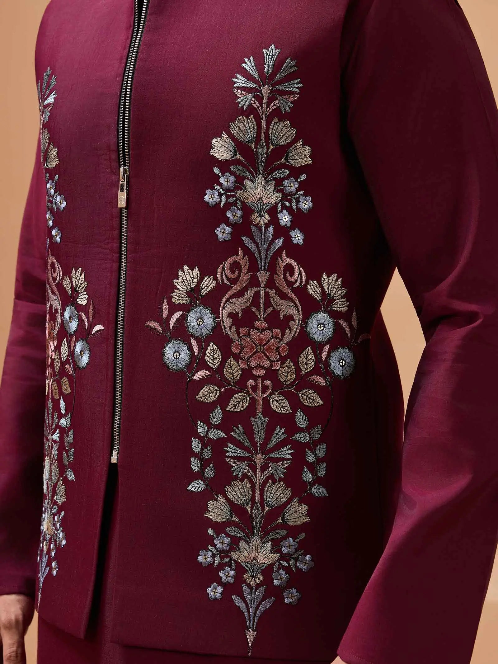 Stylish Maroon Kurta Set With Sequins Embroidery Jacket - qivii