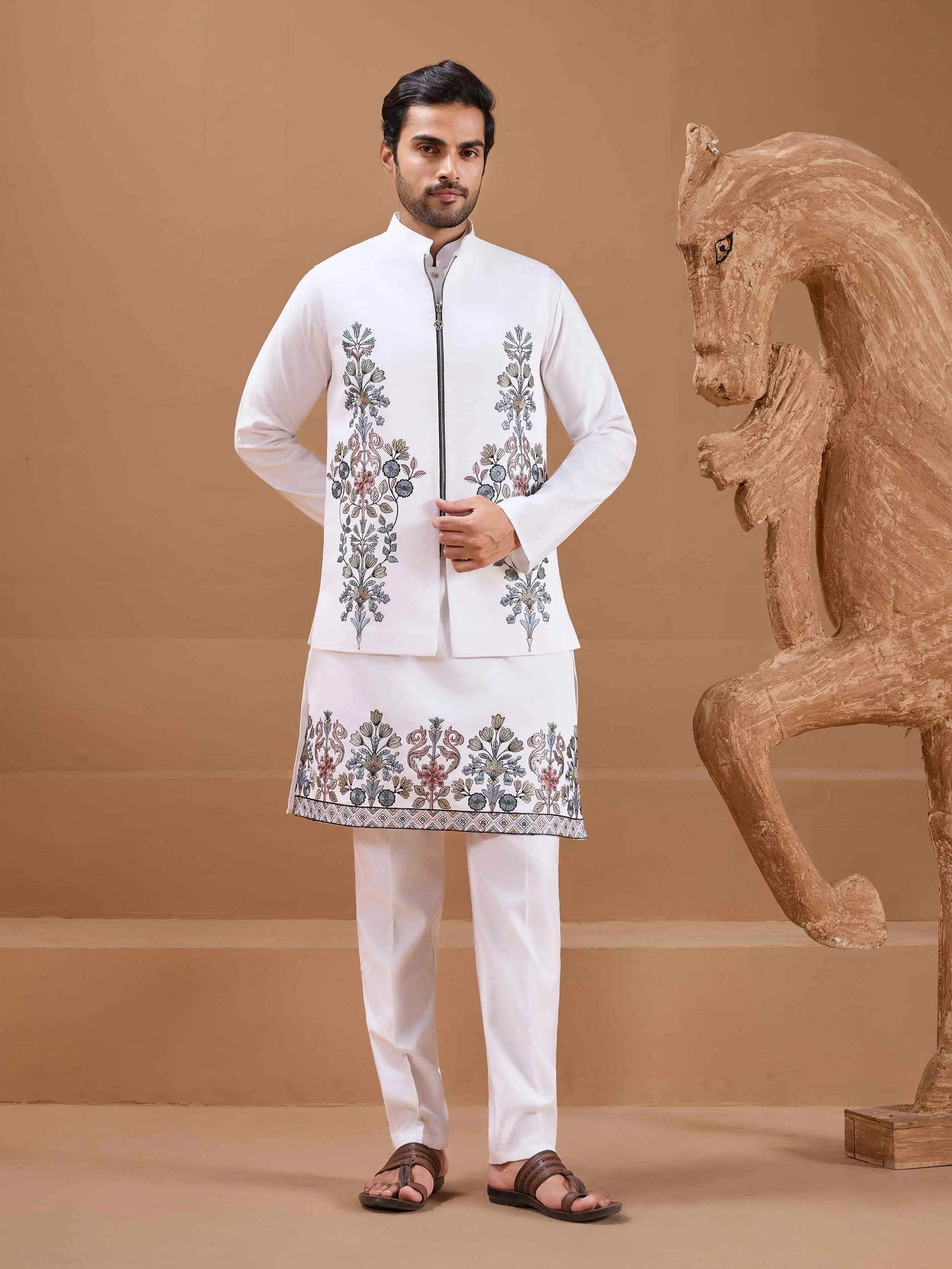 White Elegant Sequins Embroidery Kurta Set With Jacket - qivii