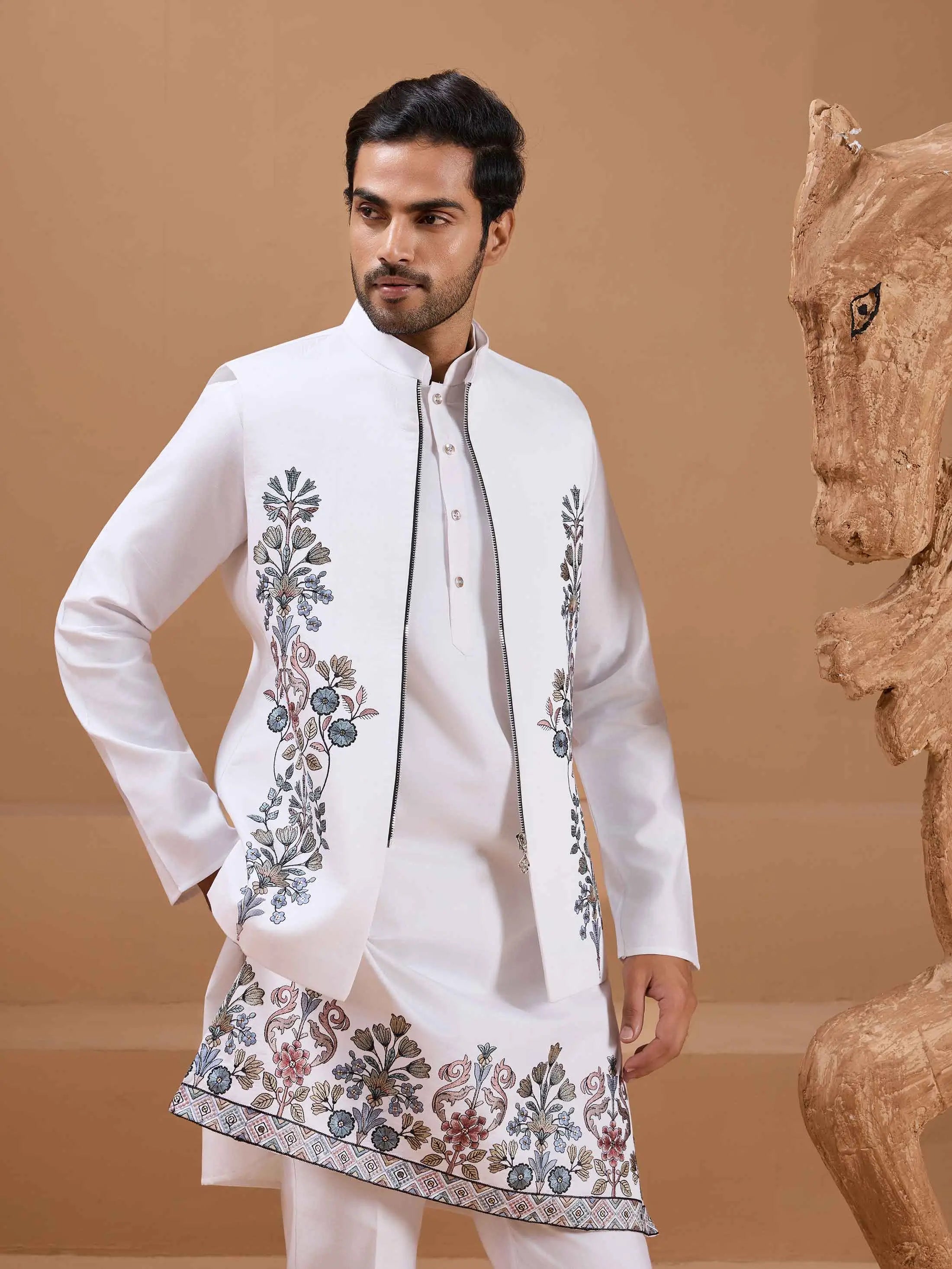 White Elegant Sequins Embroidery Kurta Set With Jacket - qivii