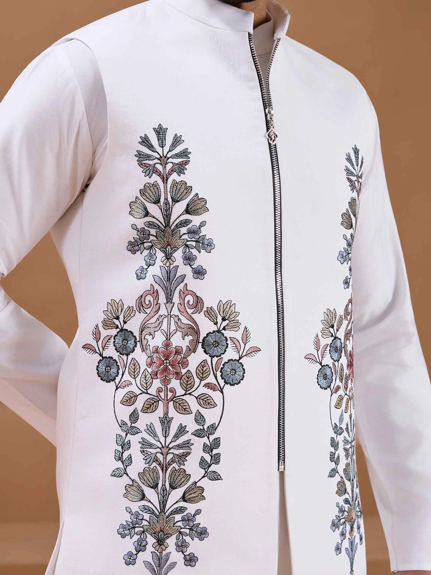 White Elegant Sequins Embroidery Kurta Set With Jacket - qivii