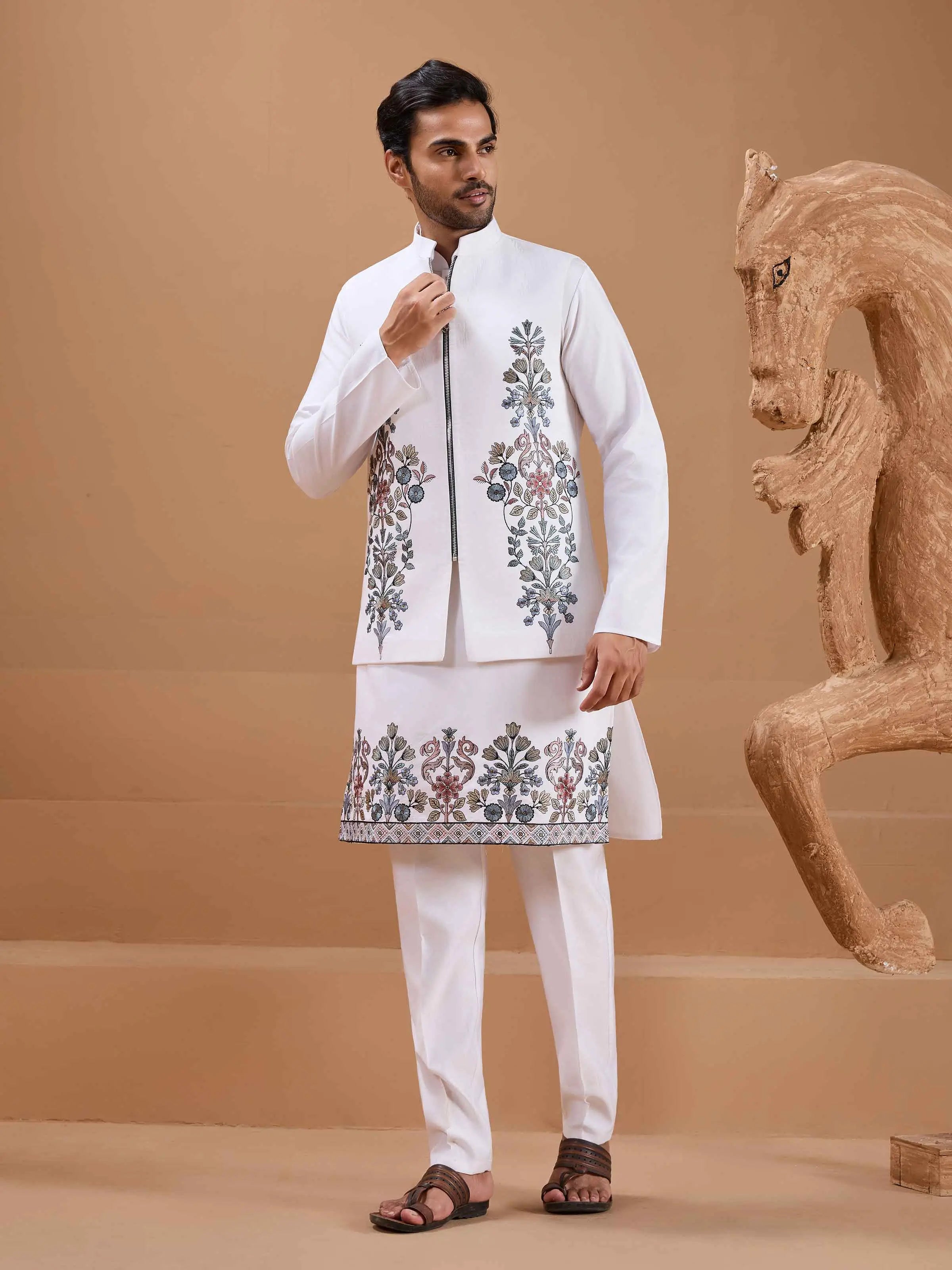 White Elegant Sequins Embroidery Kurta Set With Jacket - qivii