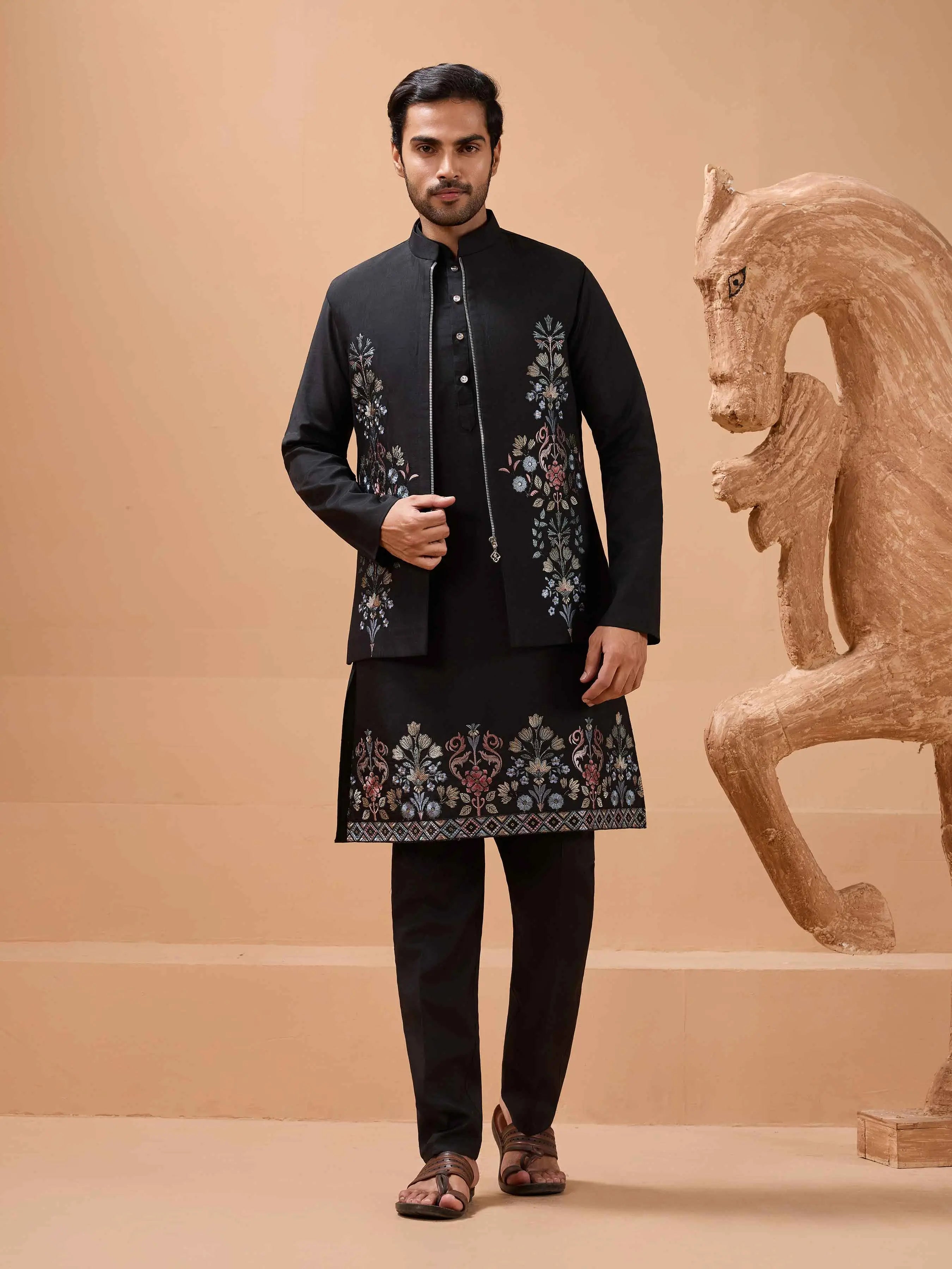 Stylish Black Kurta Set With Sequins Embroidery Jacket - qivii
