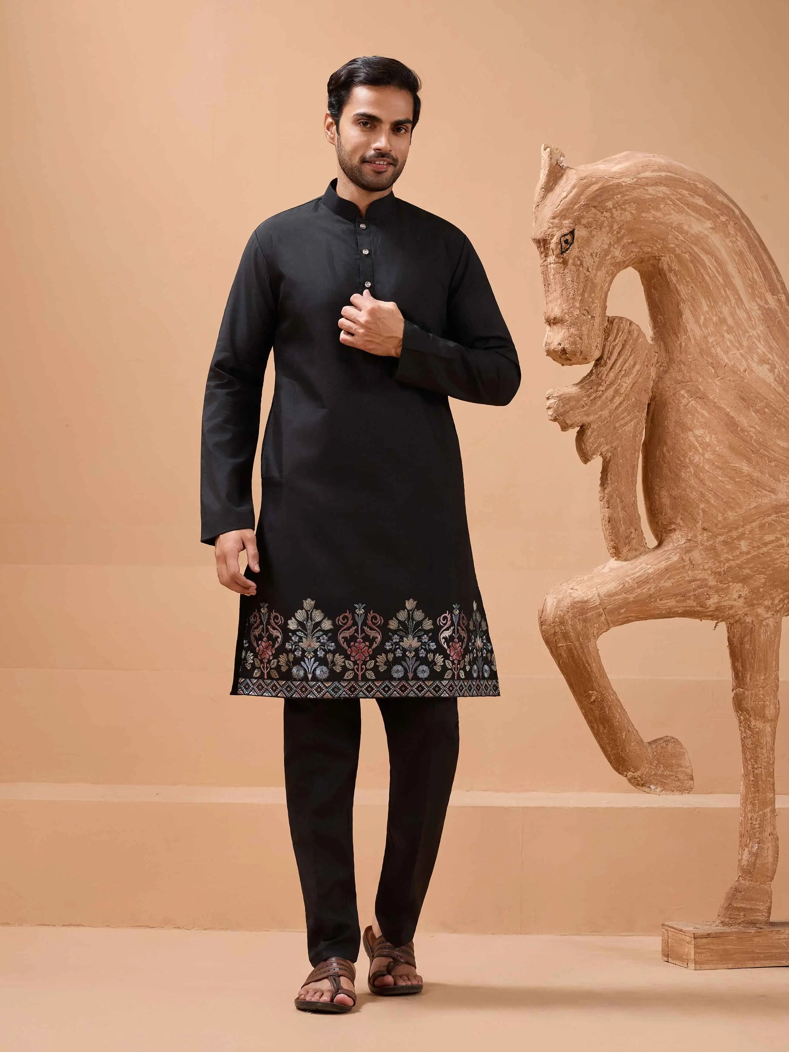 Stylish Black Kurta Set With Sequins Embroidery Jacket - qivii