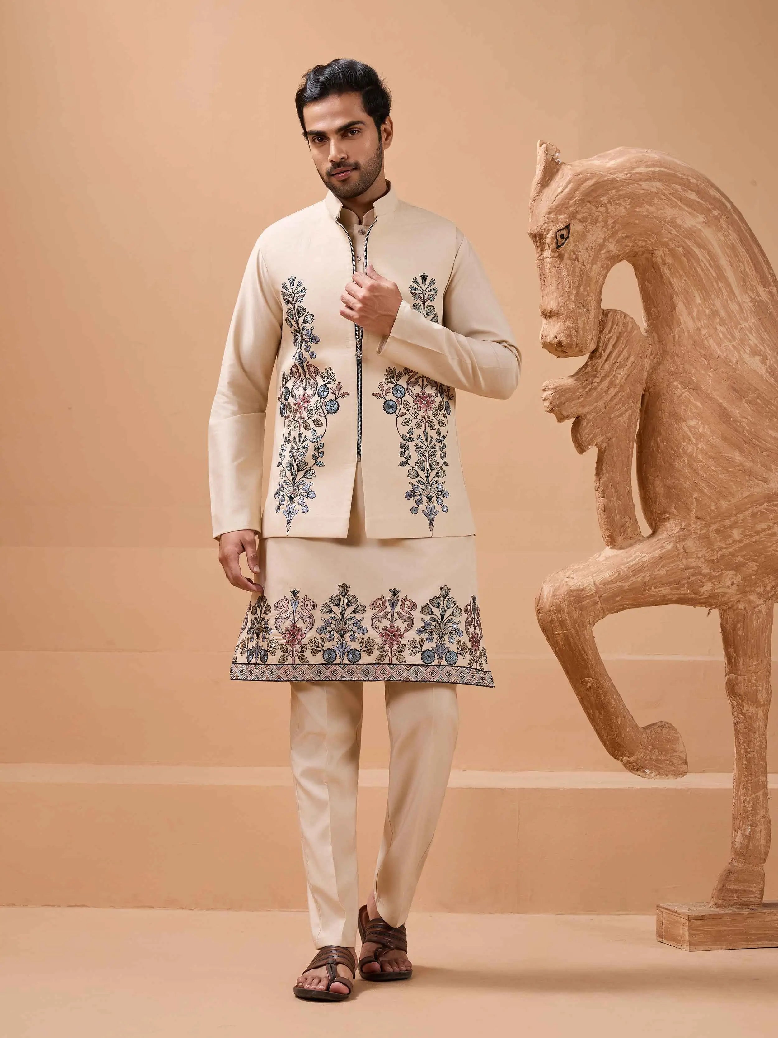 Elegant Beige Embroidery Sequins Kurta Set With Jacket - qivii