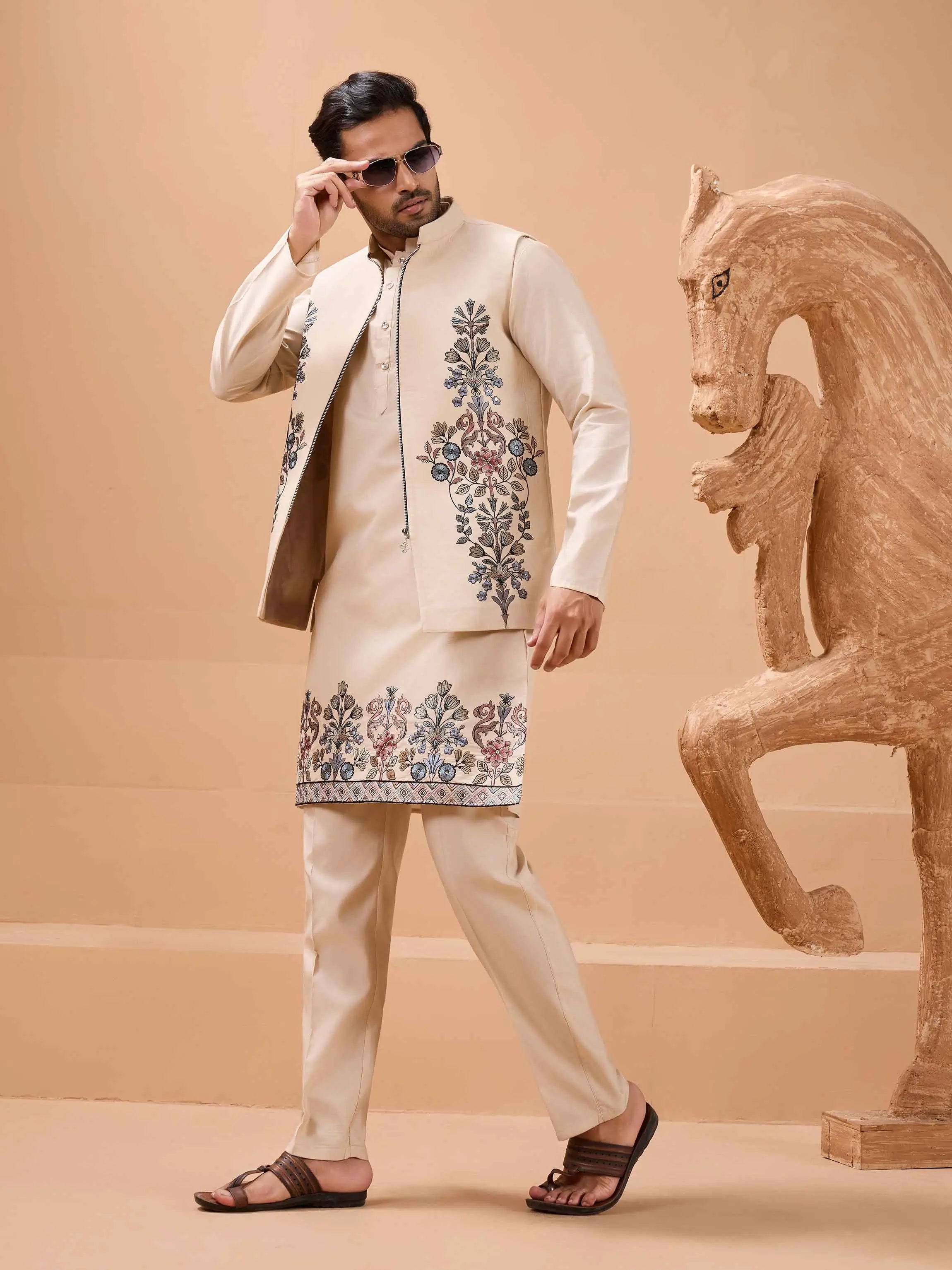 Elegant Beige Embroidery Sequins Kurta Set With Jacket - qivii