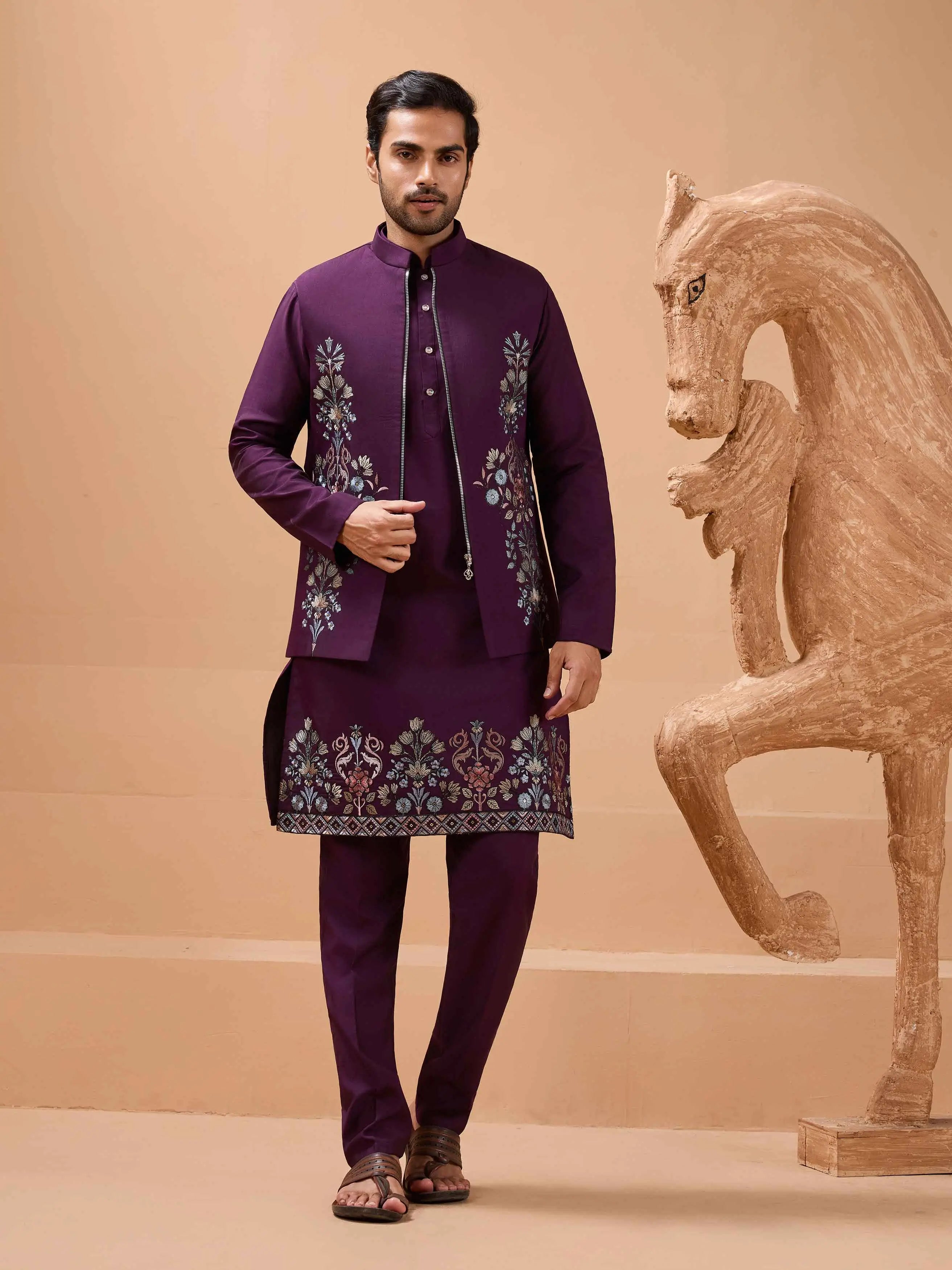 Plum Purple Kurta Set With Sequins Embroidery Jacket - qivii
