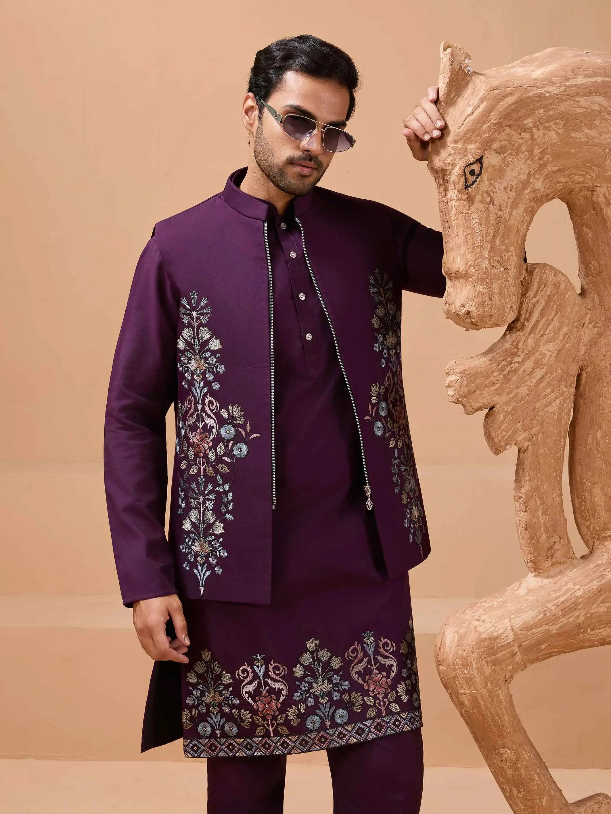 Plum Purple Kurta Set With Sequins Embroidery Jacket - qivii