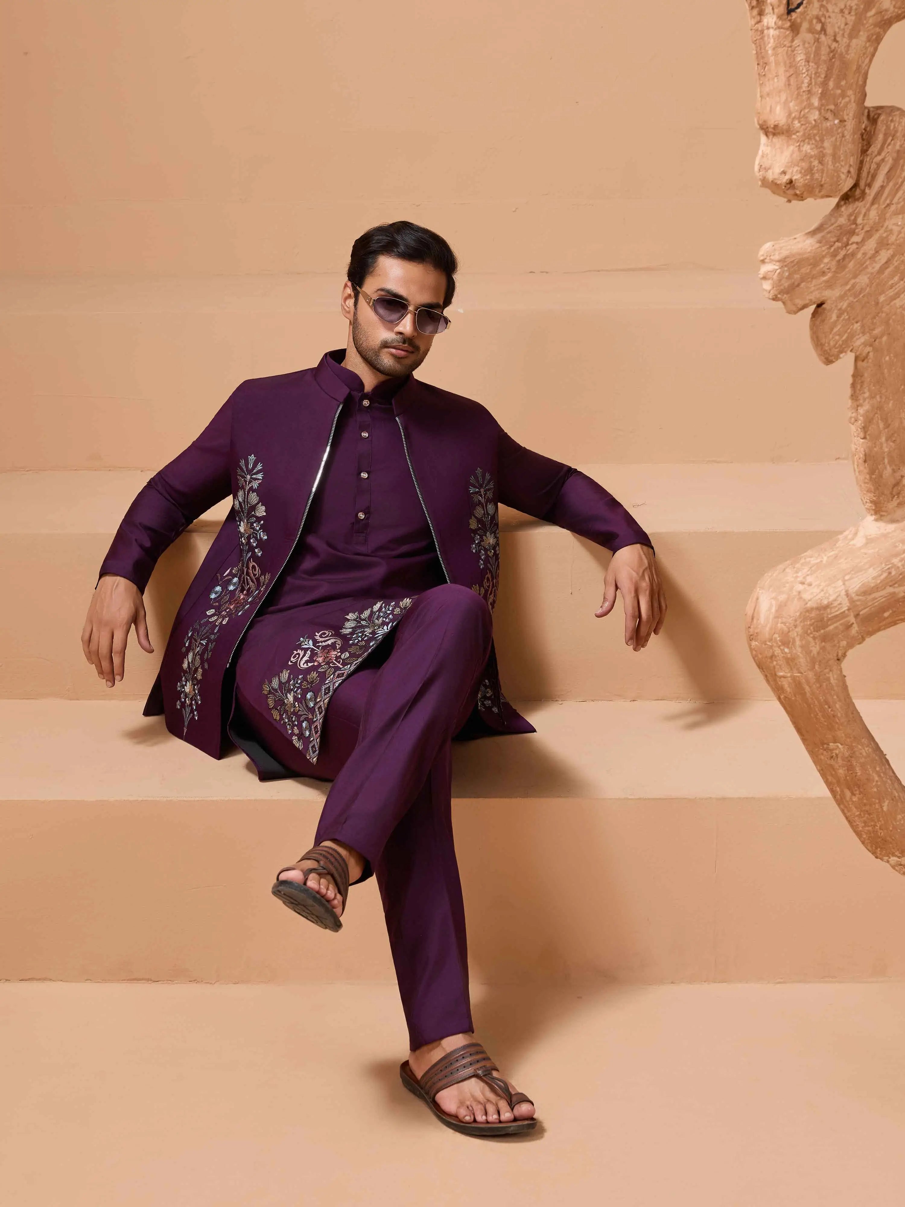 Plum Purple Kurta Set With Sequins Embroidery Jacket - qivii