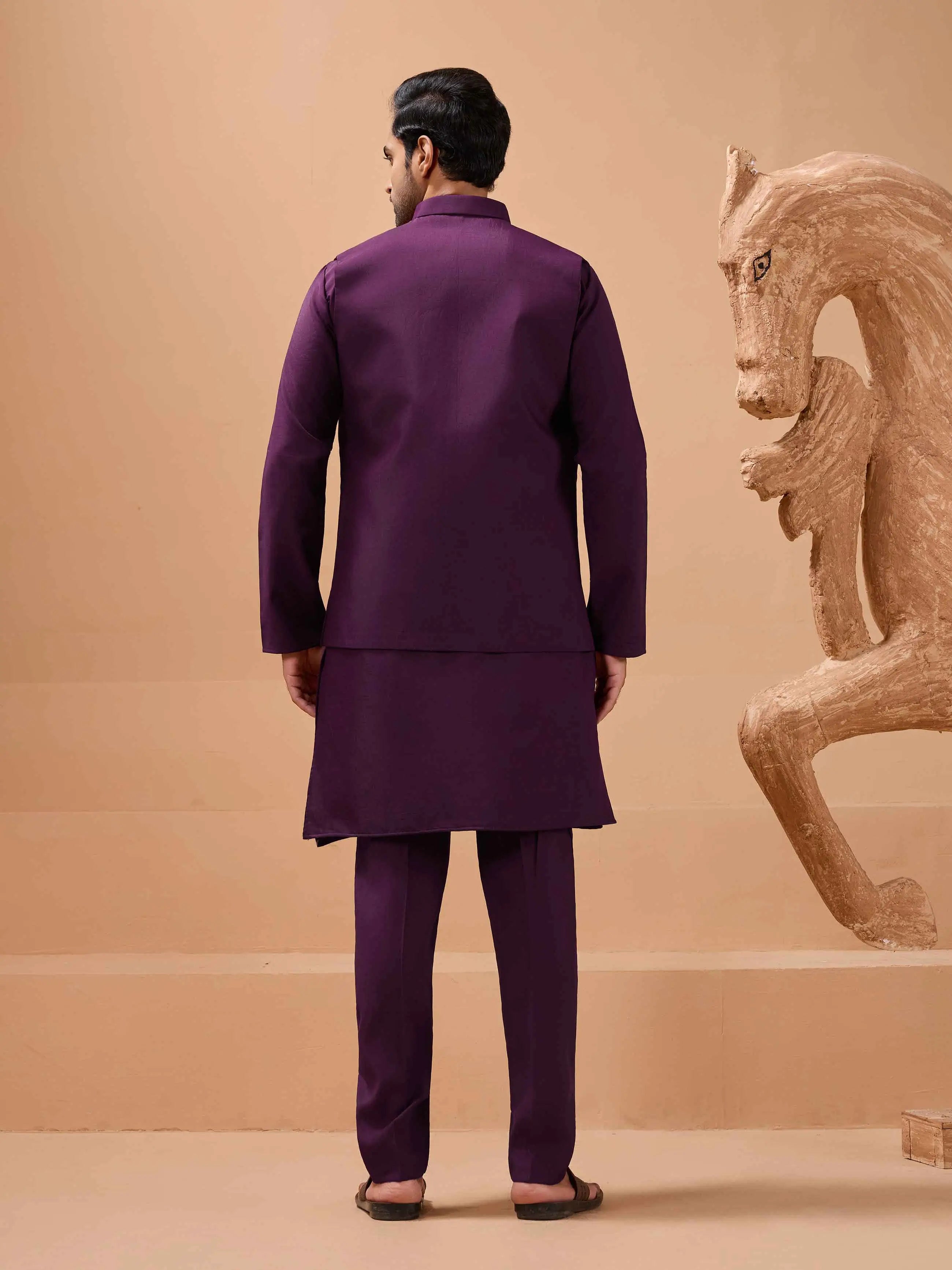 Plum Purple Kurta Set With Sequins Embroidery Jacket
