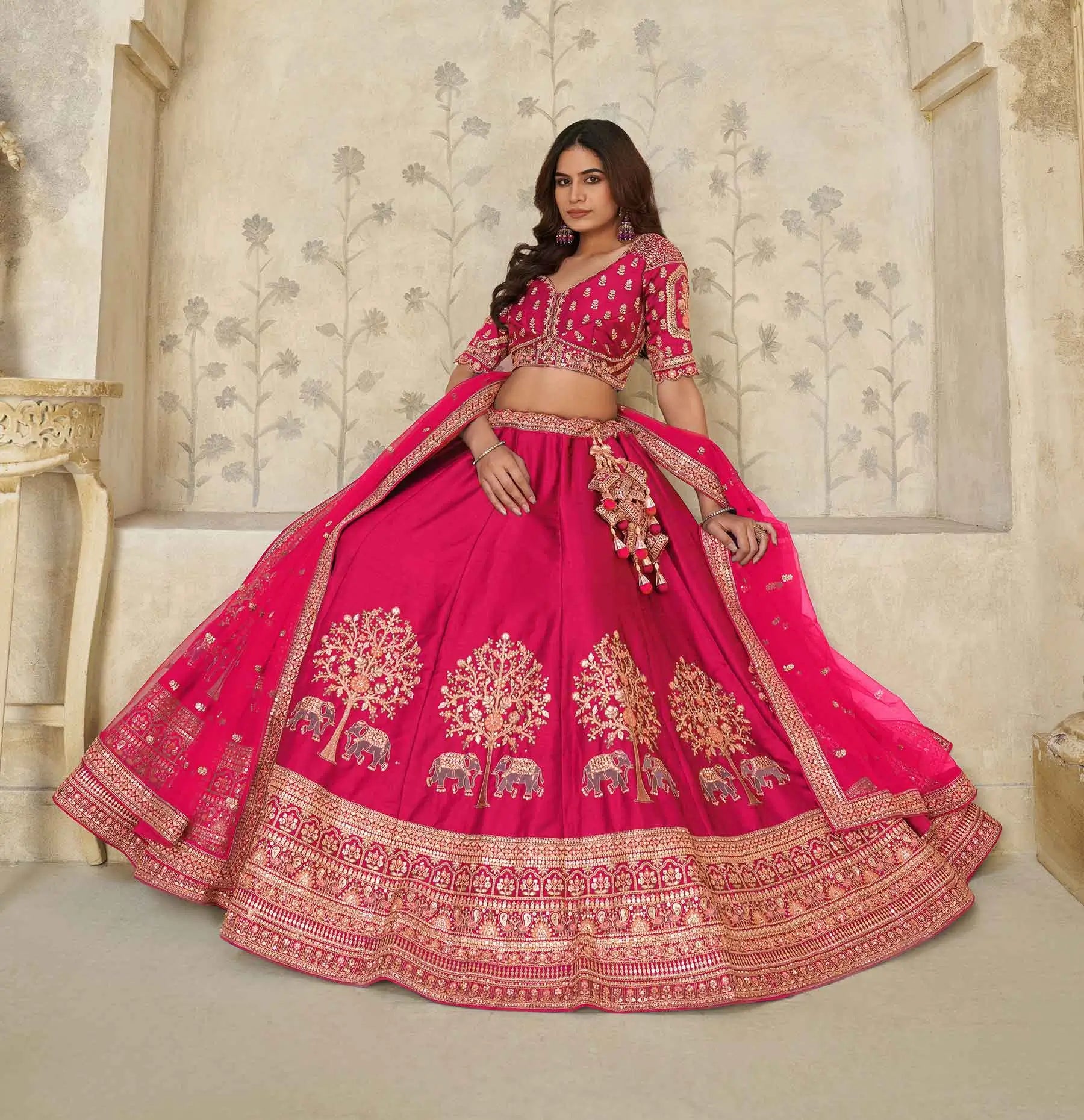 Hot Pink Bridal Ensemble with Elephant Motifs - qivii