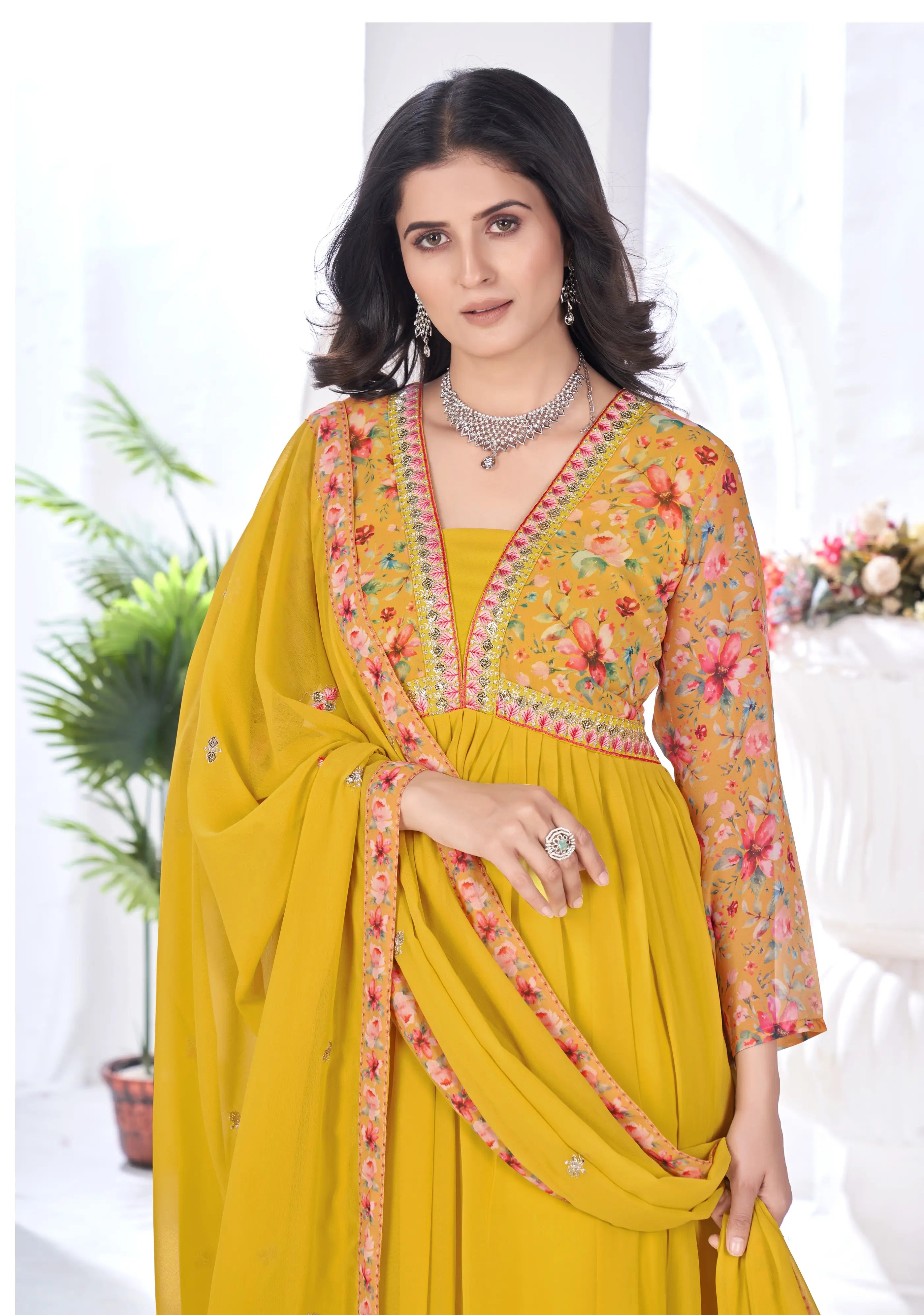 Yellow Floral Print With Embroidery Work Gown With Dupatta - qivii