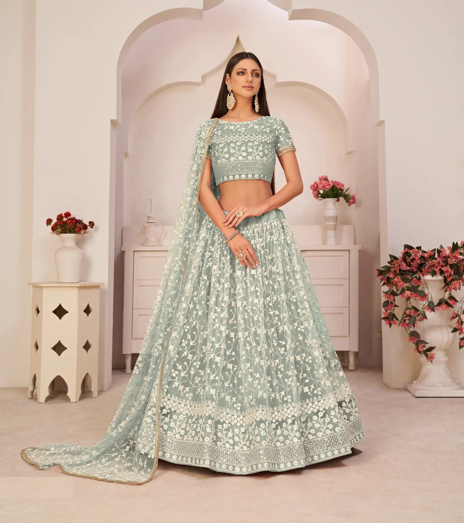 Turquoise Green Net Lehenga Choli With White Cotton Thread Work, Zari Work & Sequence Work - qivii