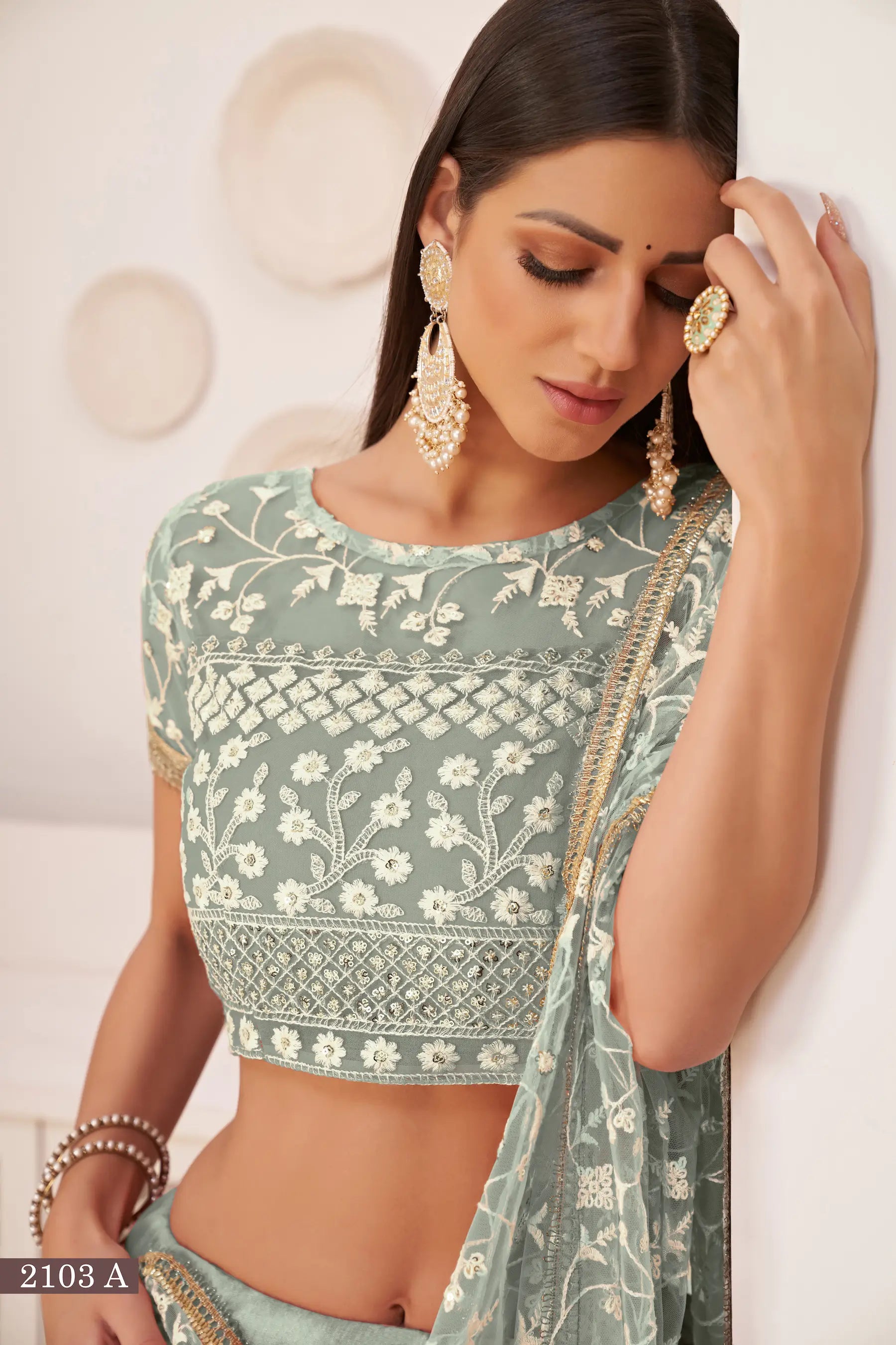 Turquoise Green Net Lehenga Choli With White Cotton Thread Work, Zari Work & Sequence Work - qivii