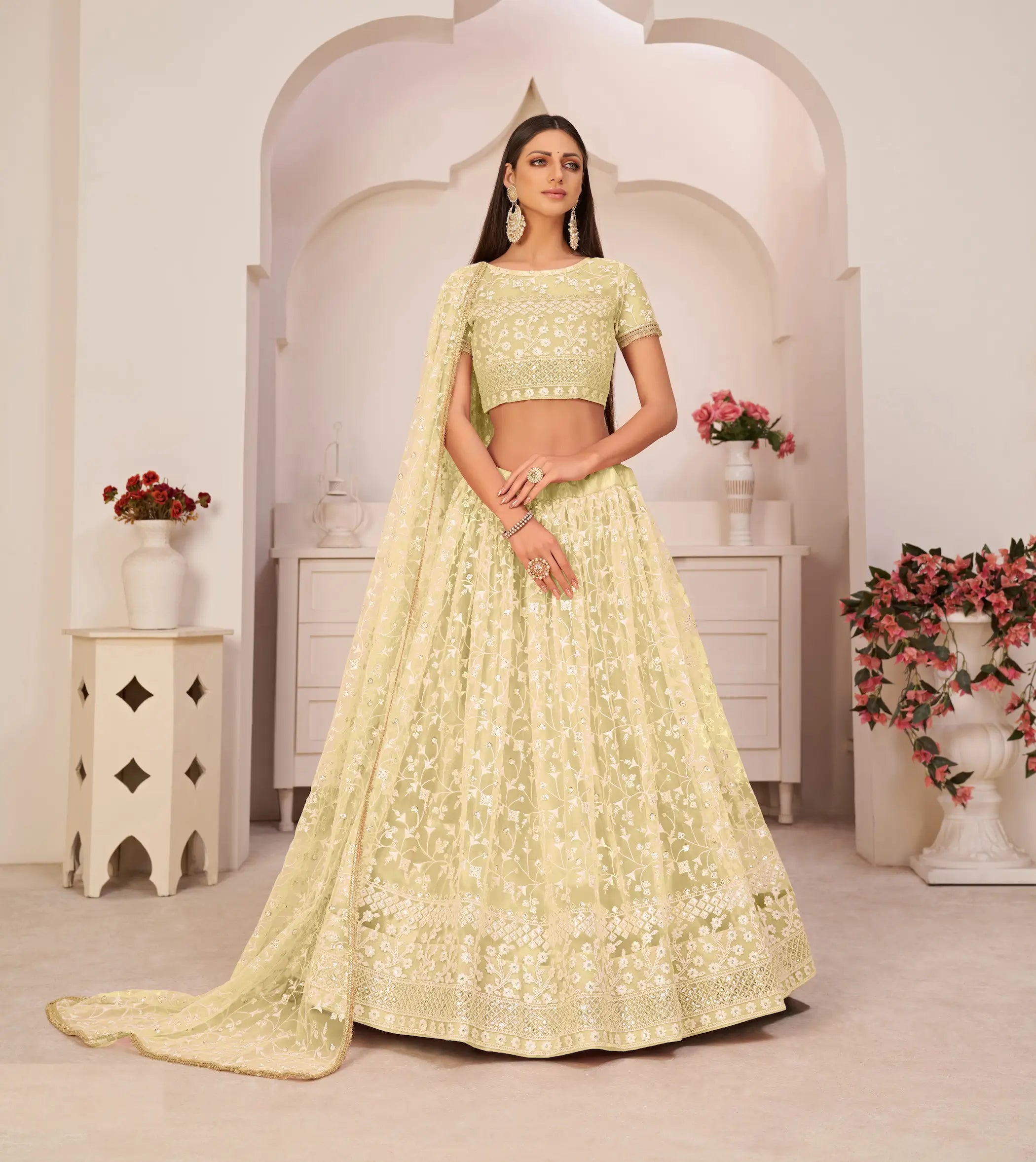 Lemon Yellow Net Lehenga Choli With White Cotton Thread Work, Zari Work & Sequence Work - qivii