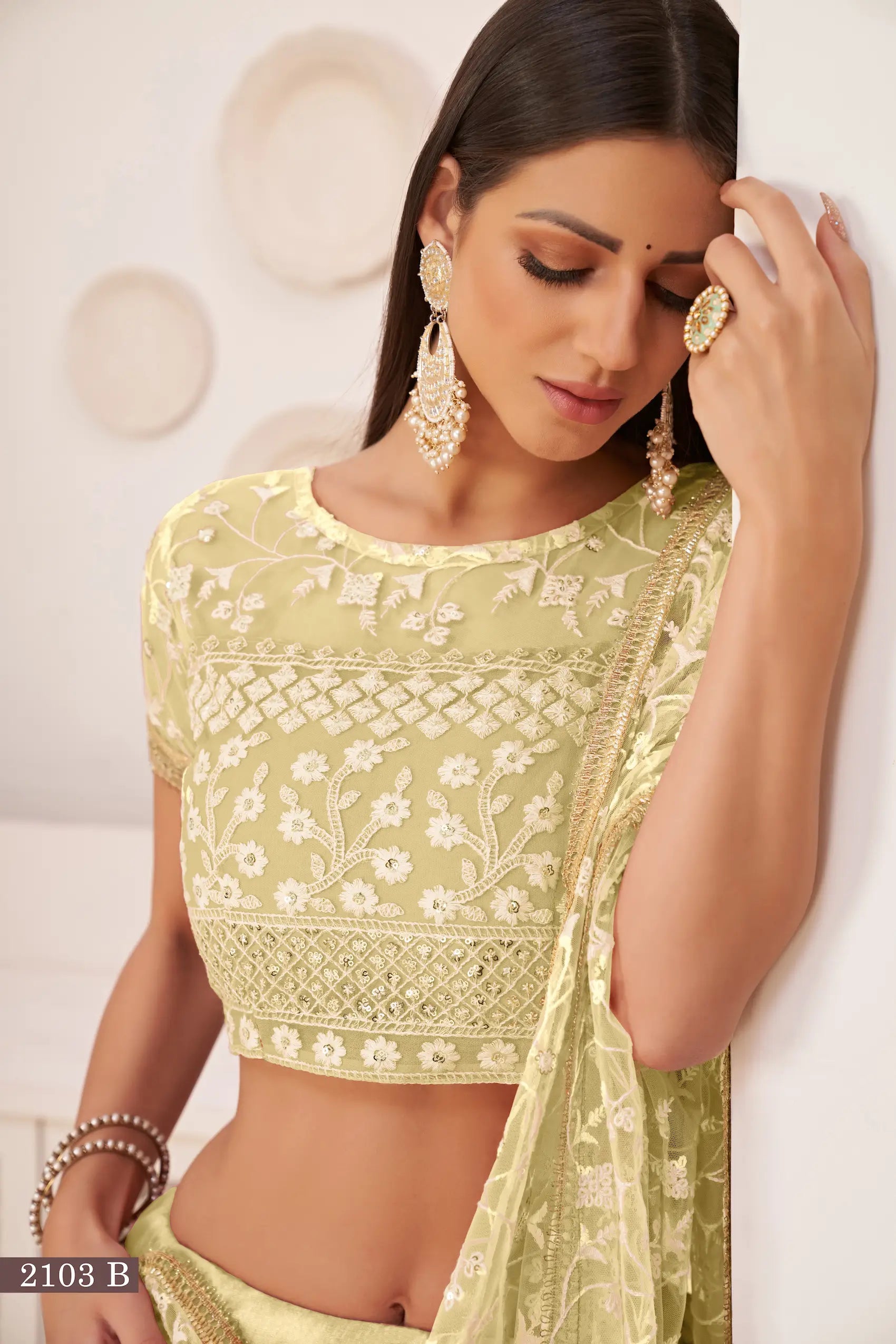 Lemon Yellow Net Lehenga Choli With White Cotton Thread Work, Zari Work & Sequence Work - qivii
