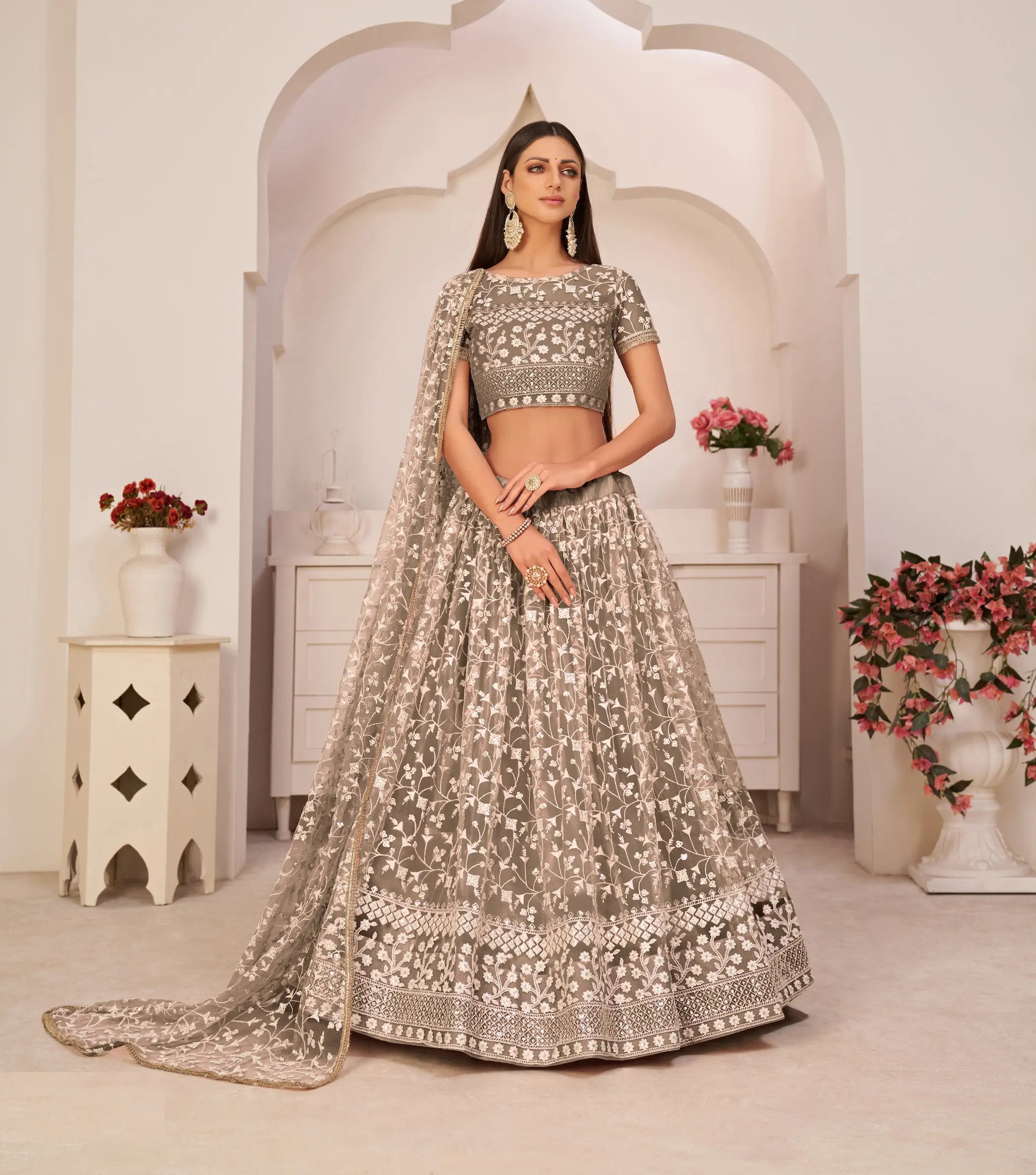 Chocolate Brown Net Lehenga Choli With White Cotton Thread Work, Zari Work & Sequence Work - qivii