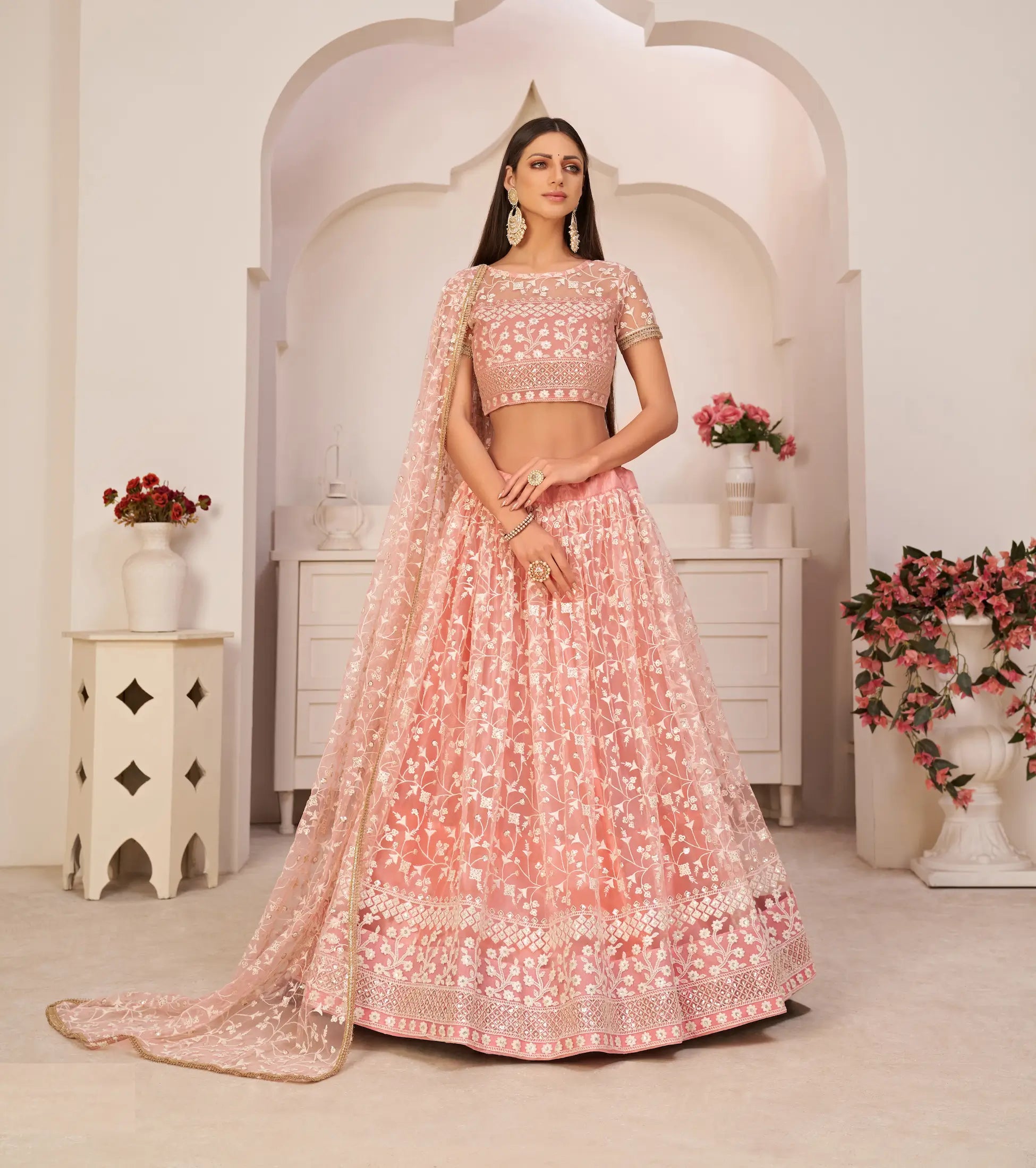 Light Pink Net Lehenga Choli With White Cotton Thread Work, Zari Work & Sequence Work - qivii