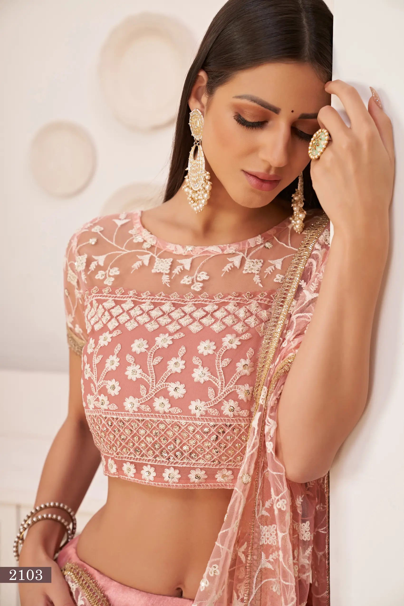 Light Pink Net Lehenga Choli With White Cotton Thread Work, Zari Work & Sequence Work - qivii