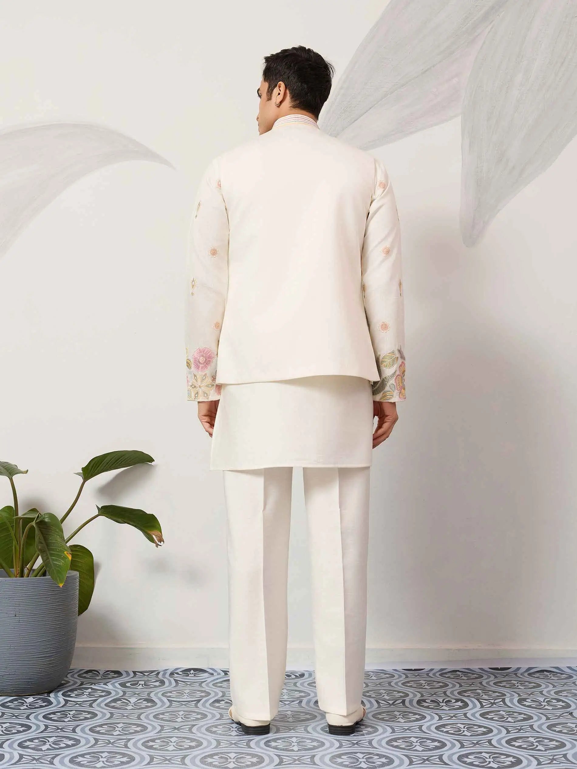 Beige Kurta Set With Embroidered Jacket