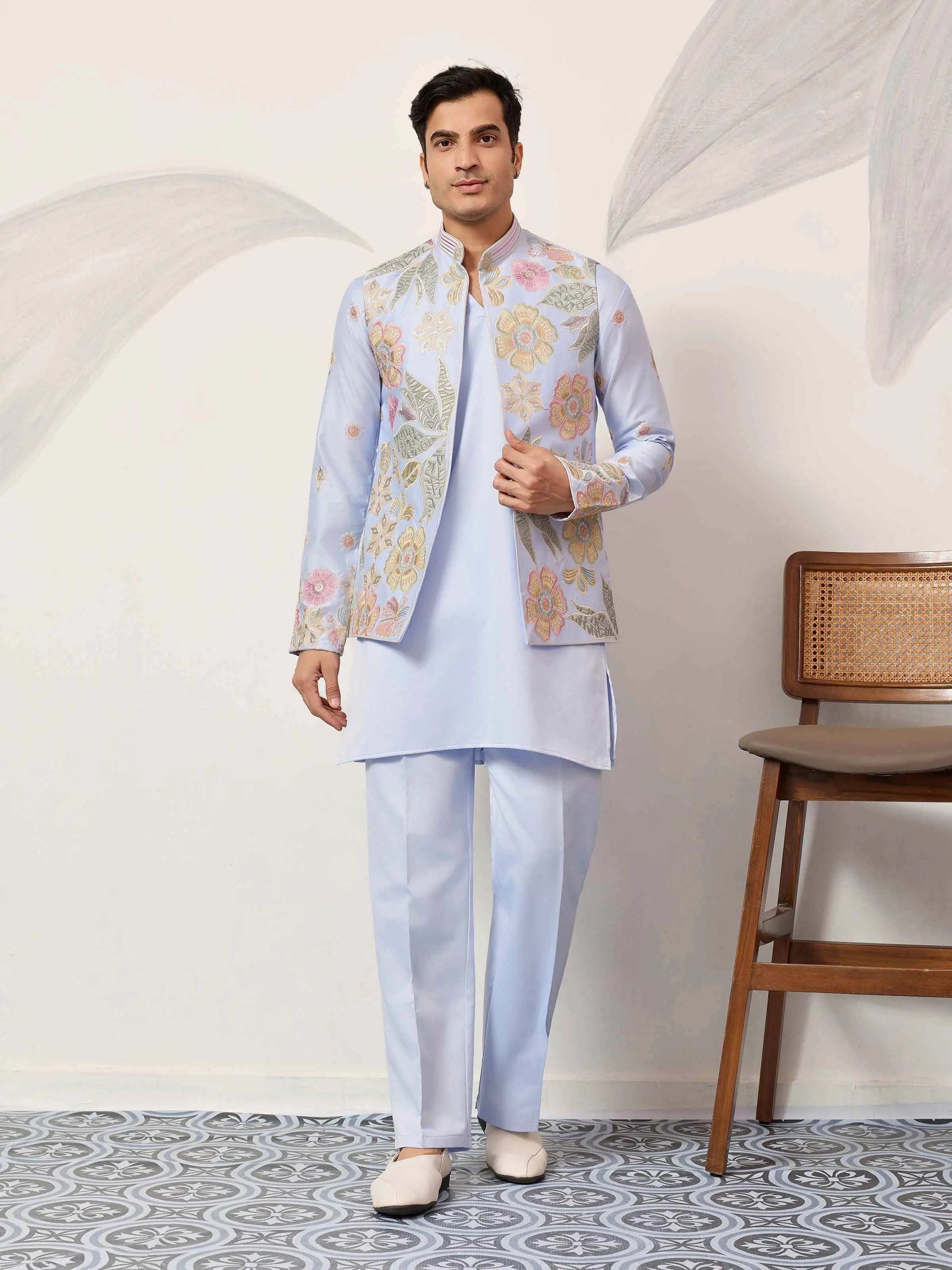 Sky Kurta Set With Embroidered Jacket