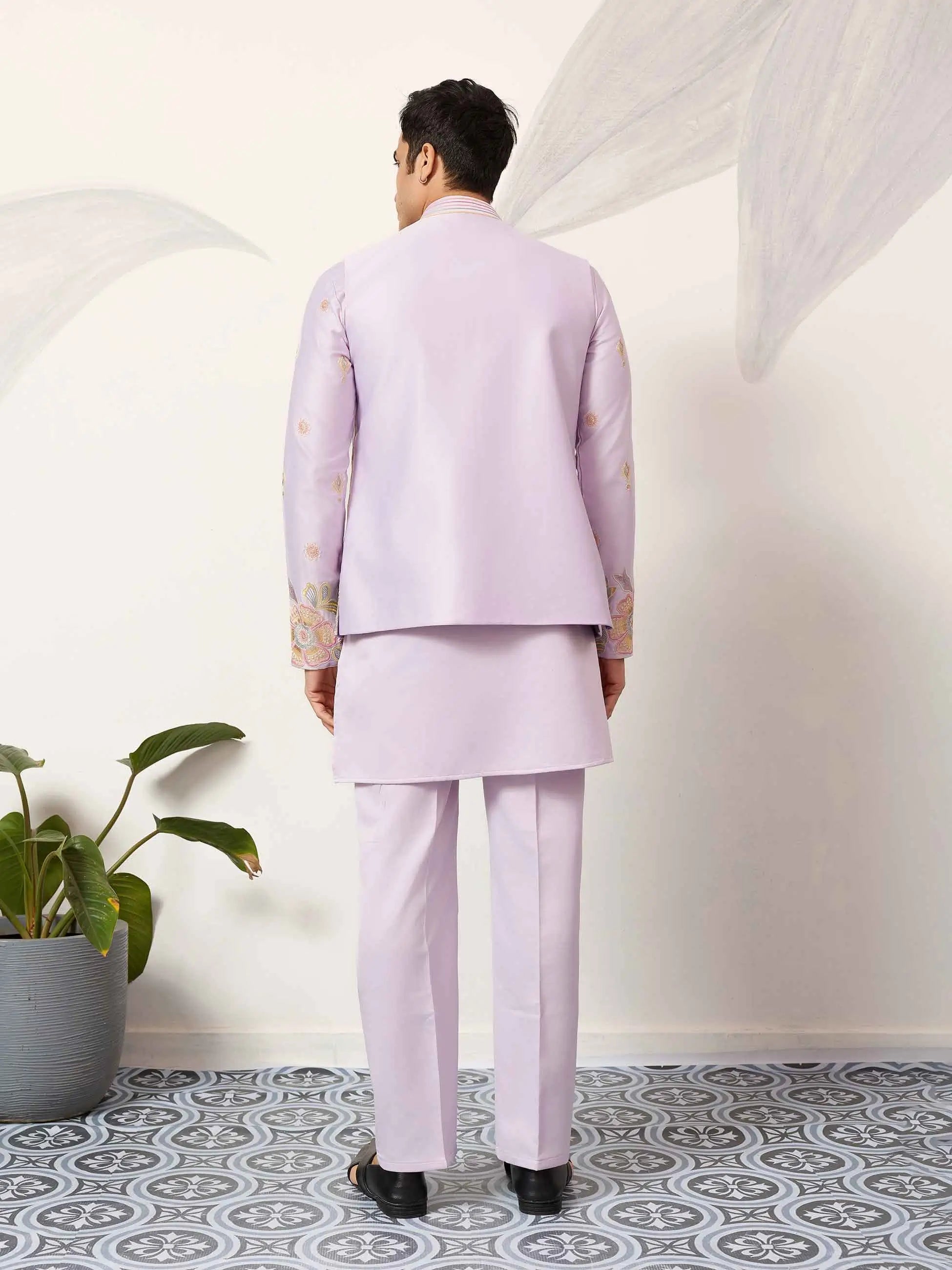 Light Pink Kurta Set With Embroidered Jacket