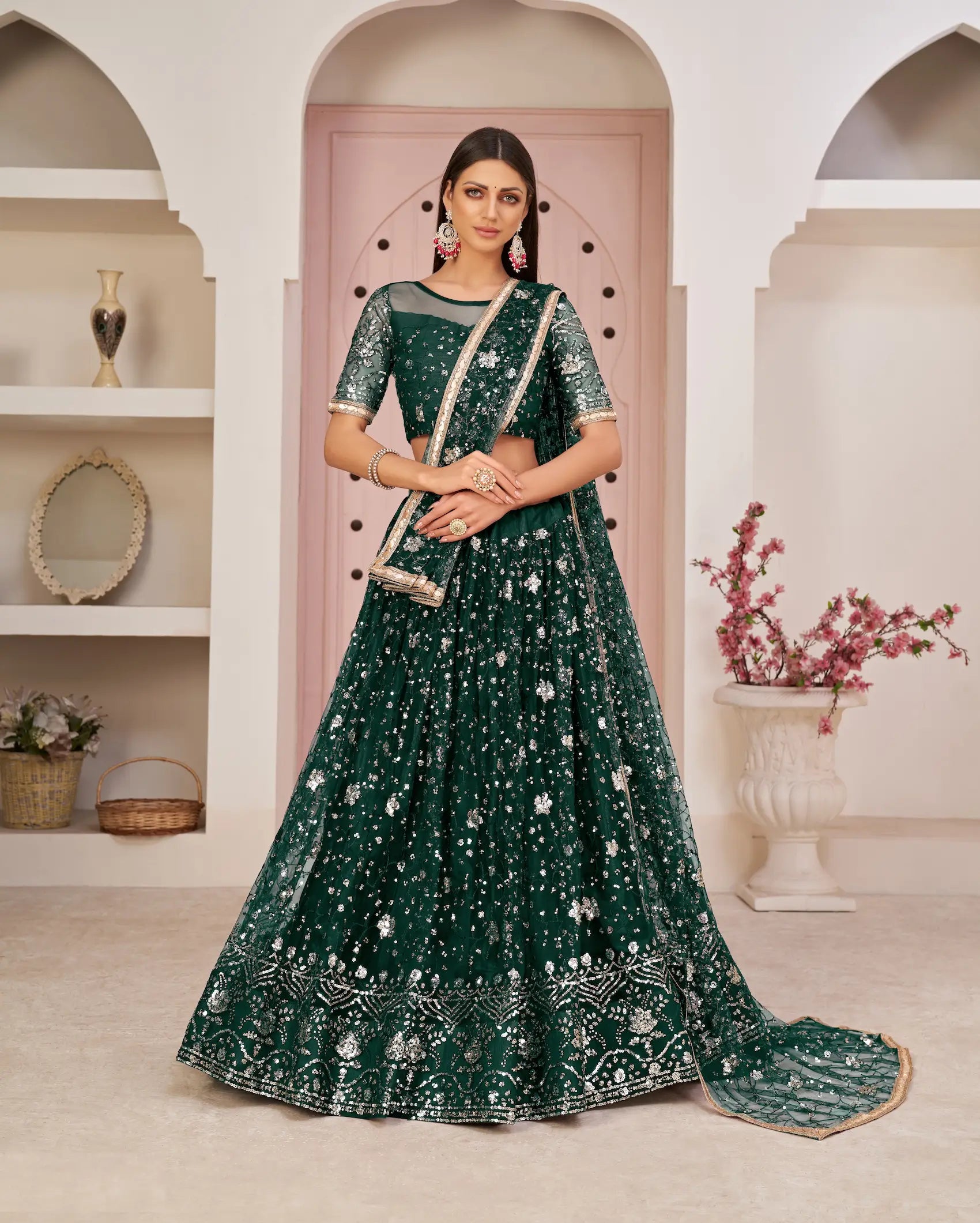 Green Net Lehenga Choli With White Cotton Thread Work, Zari Work & Sequence Work - qivii