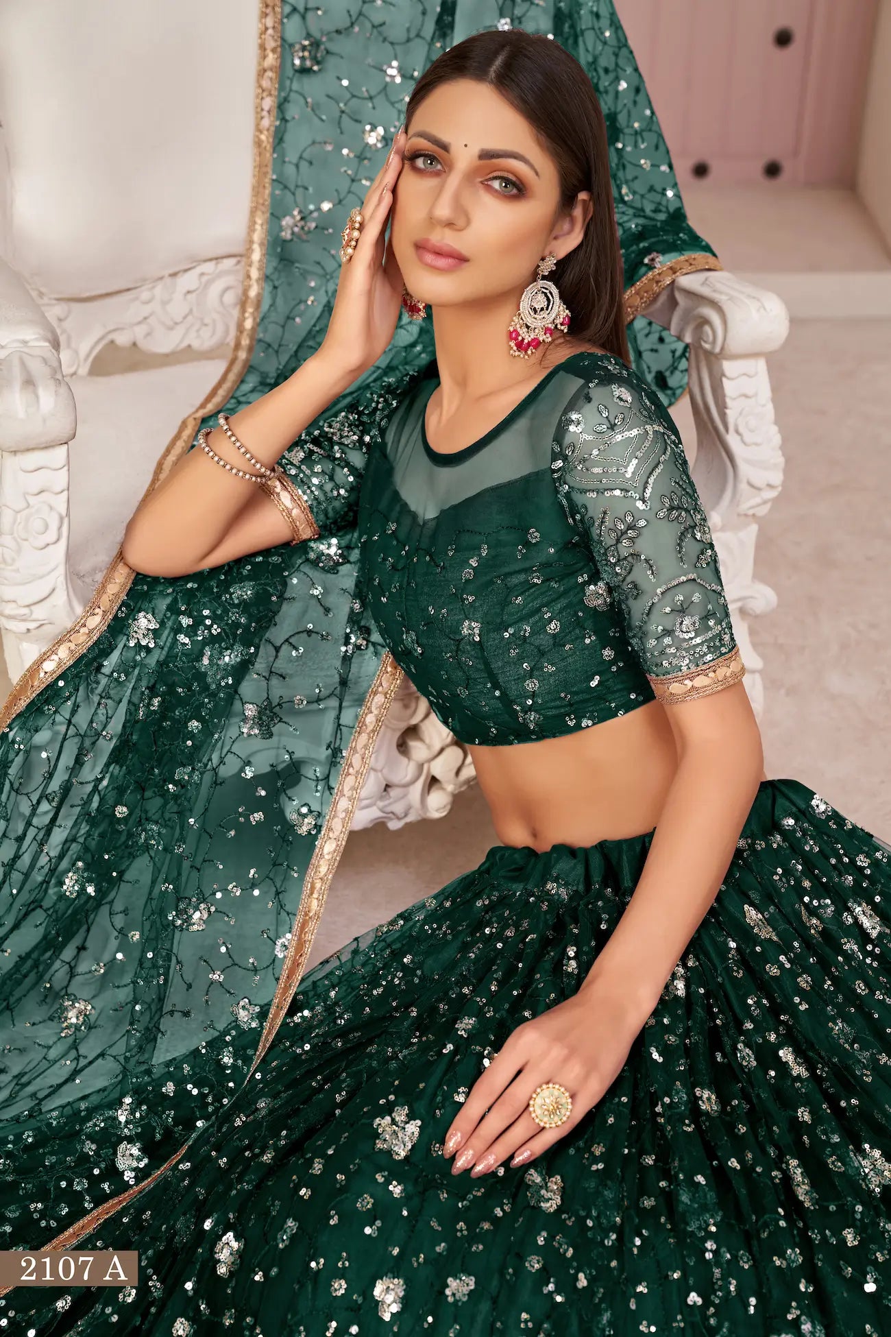 Green Net Lehenga Choli With White Cotton Thread Work, Zari Work & Sequence Work - qivii