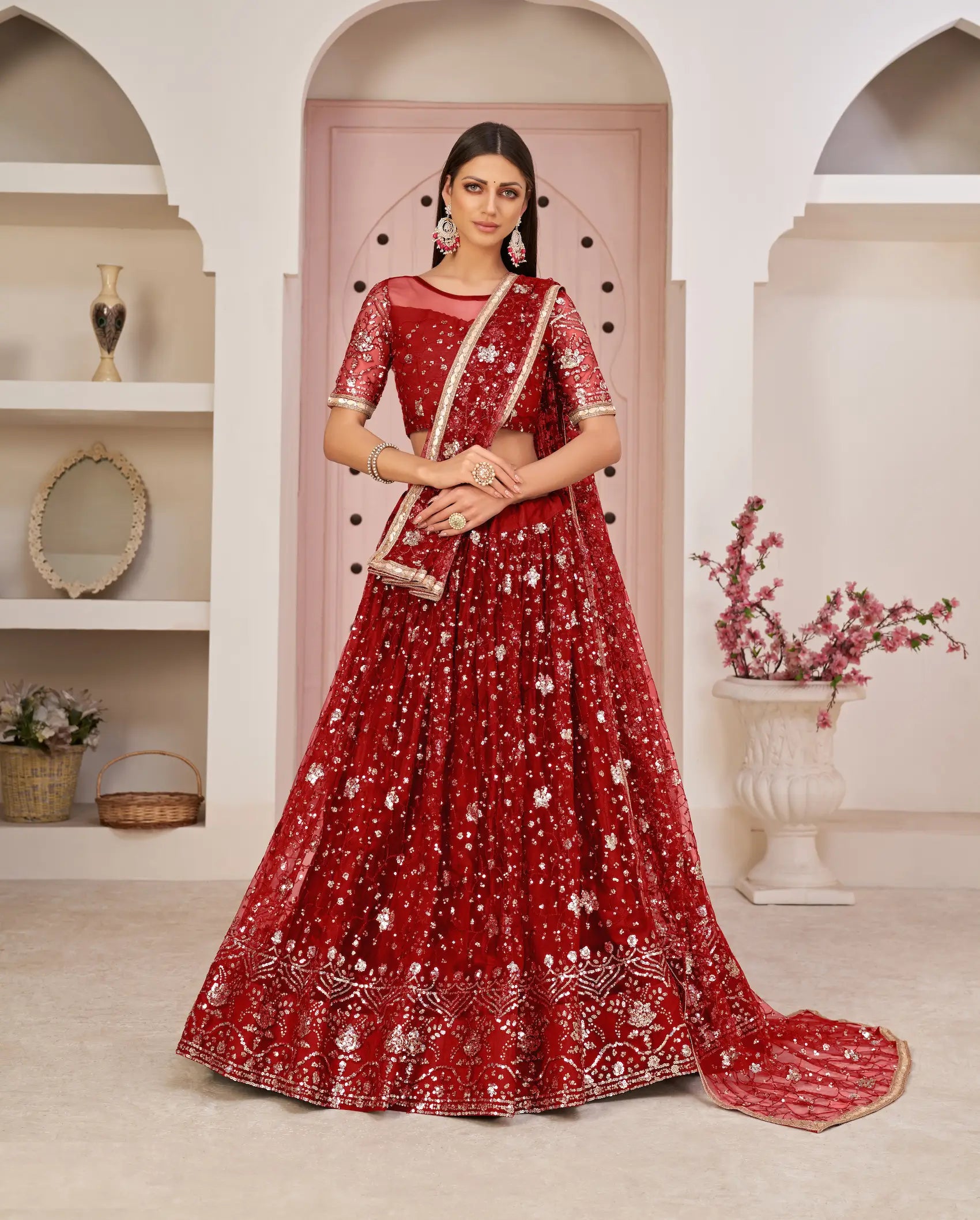 Red Net Lehenga Choli With White Cotton Thread Work, Zari Work & Sequence Work - qivii
