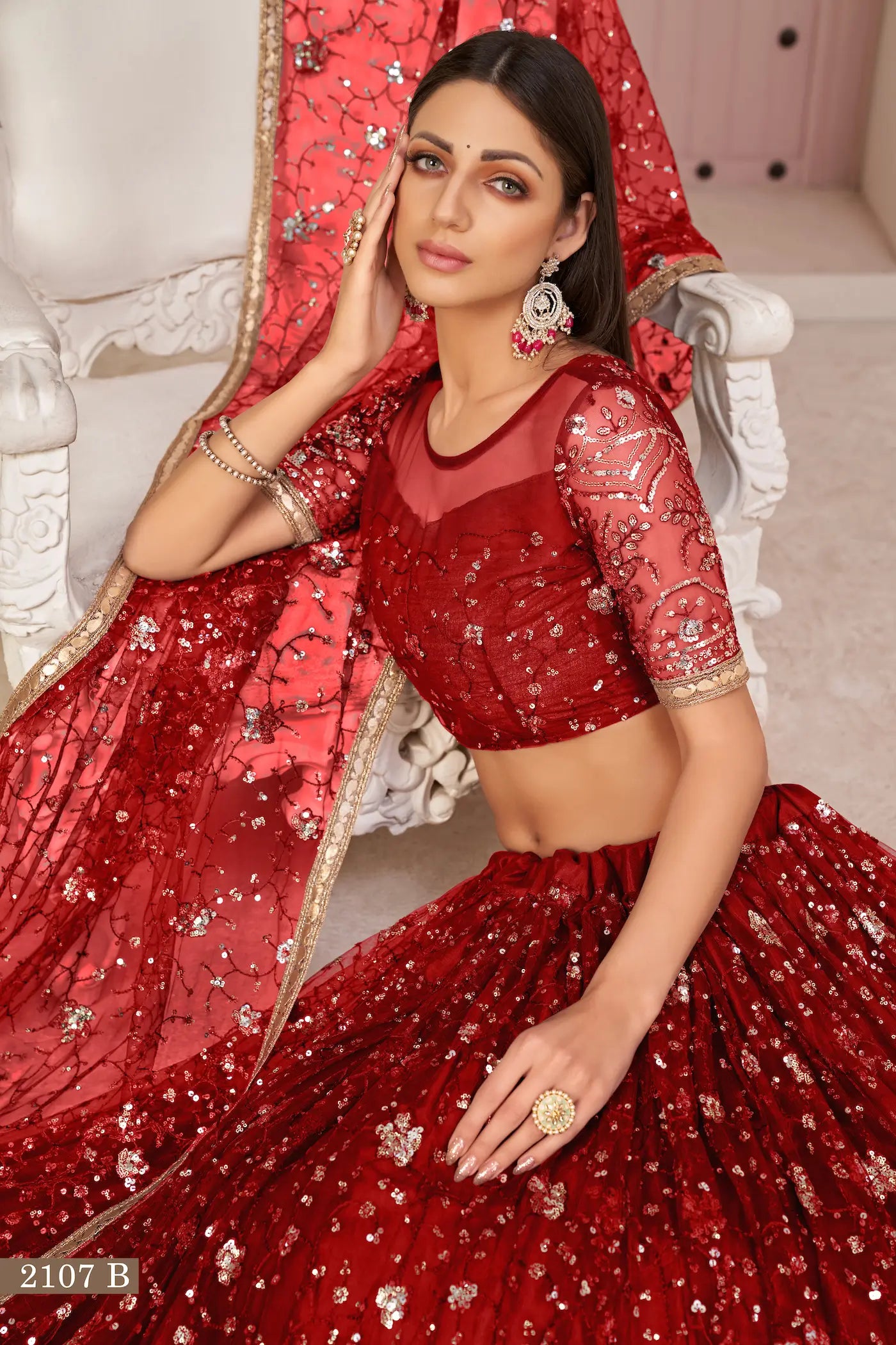 Red Net Lehenga Choli With White Cotton Thread Work, Zari Work & Sequence Work - qivii
