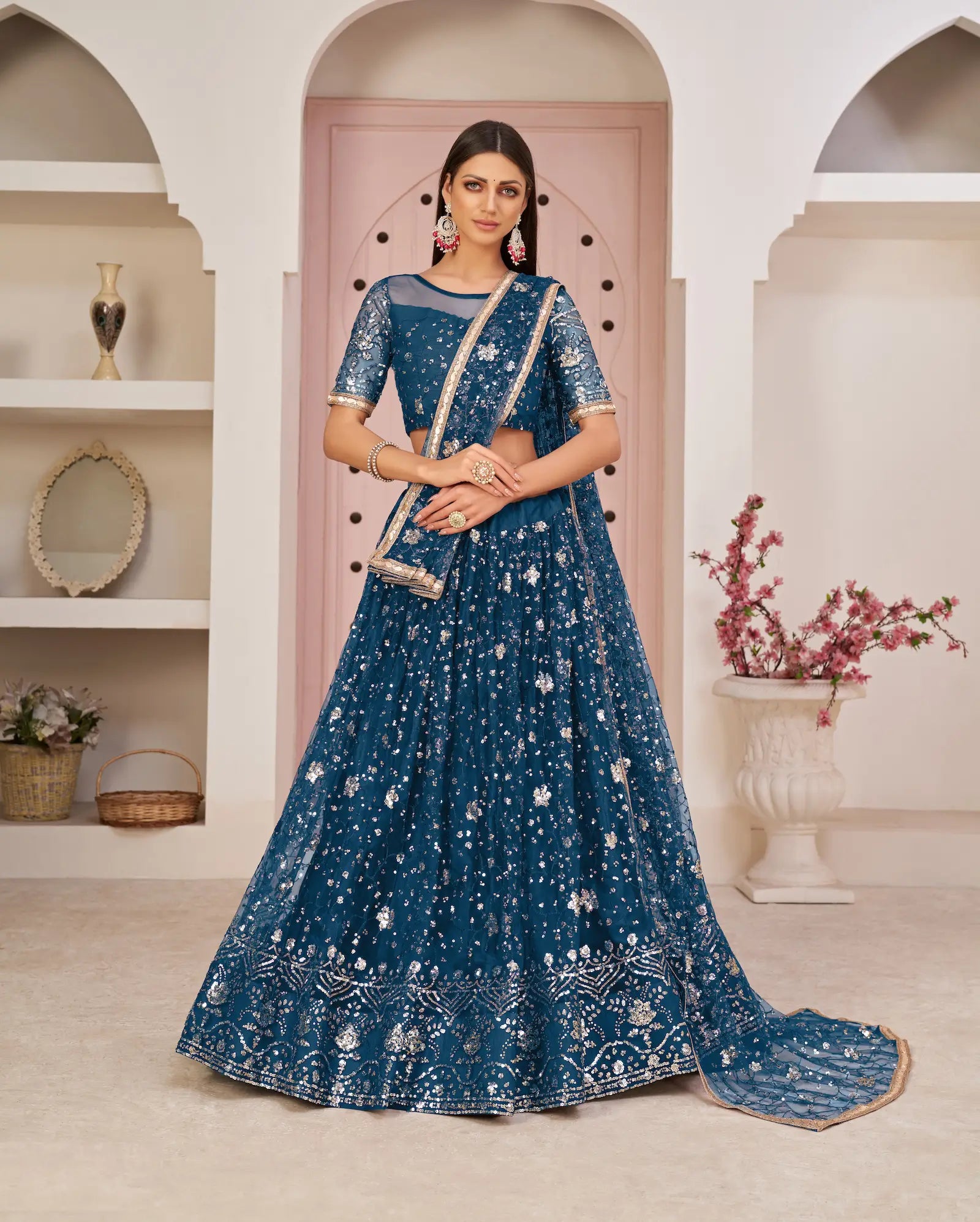 Teal Net Lehenga Choli With White Cotton Thread Work, Zari Work & Sequence Work - qivii