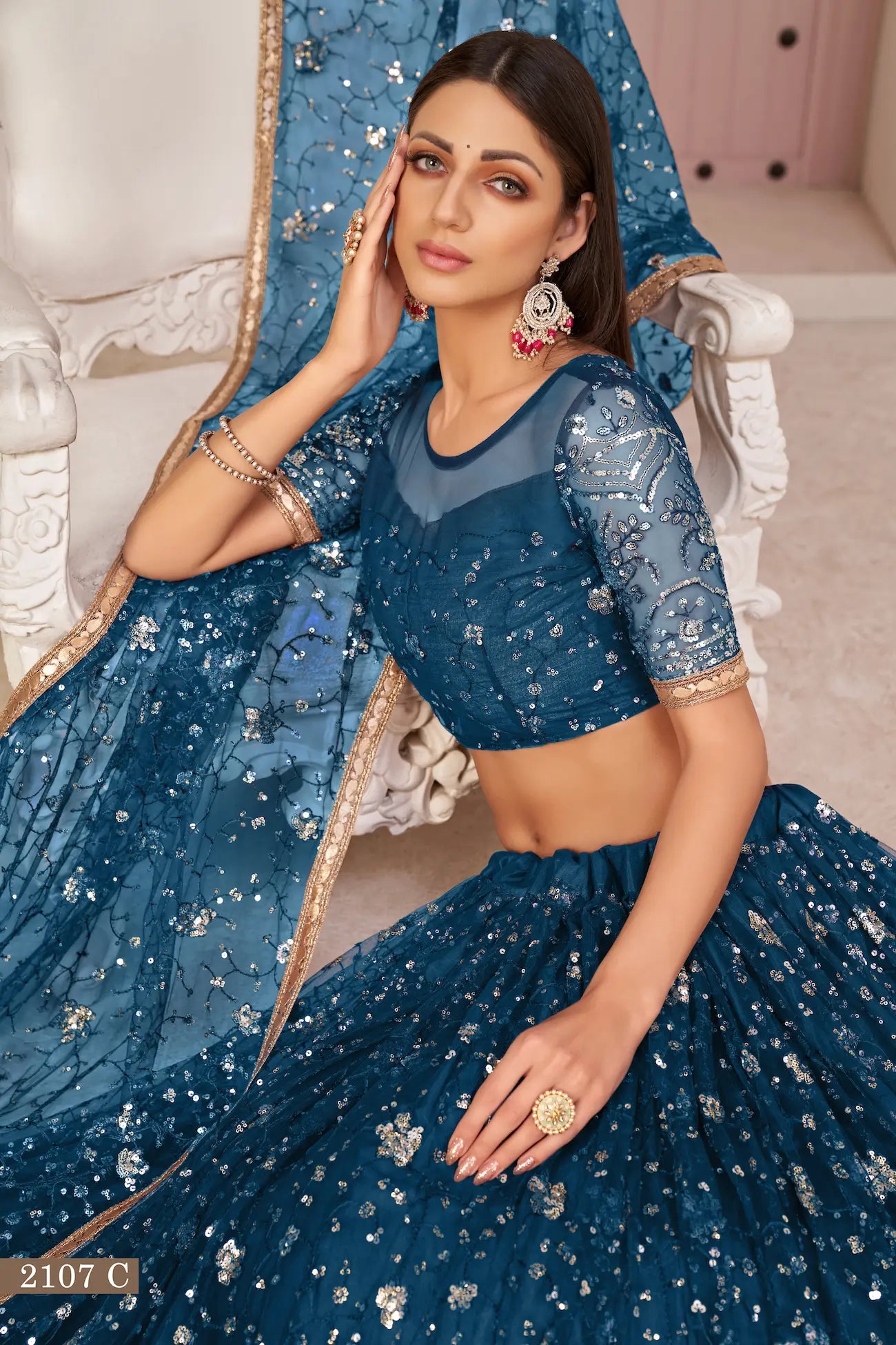 Teal Net Lehenga Choli With White Cotton Thread Work, Zari Work & Sequence Work - qivii