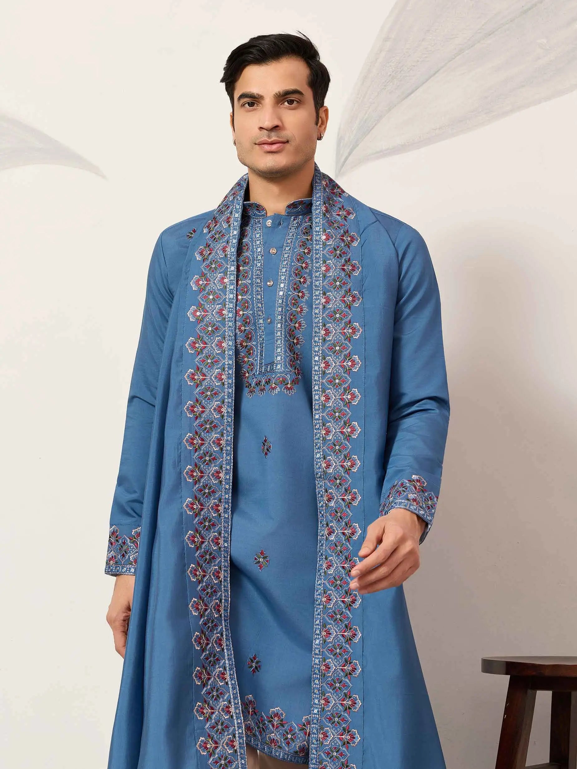 Cyan Blue Embroidery Kurta With Dupatta