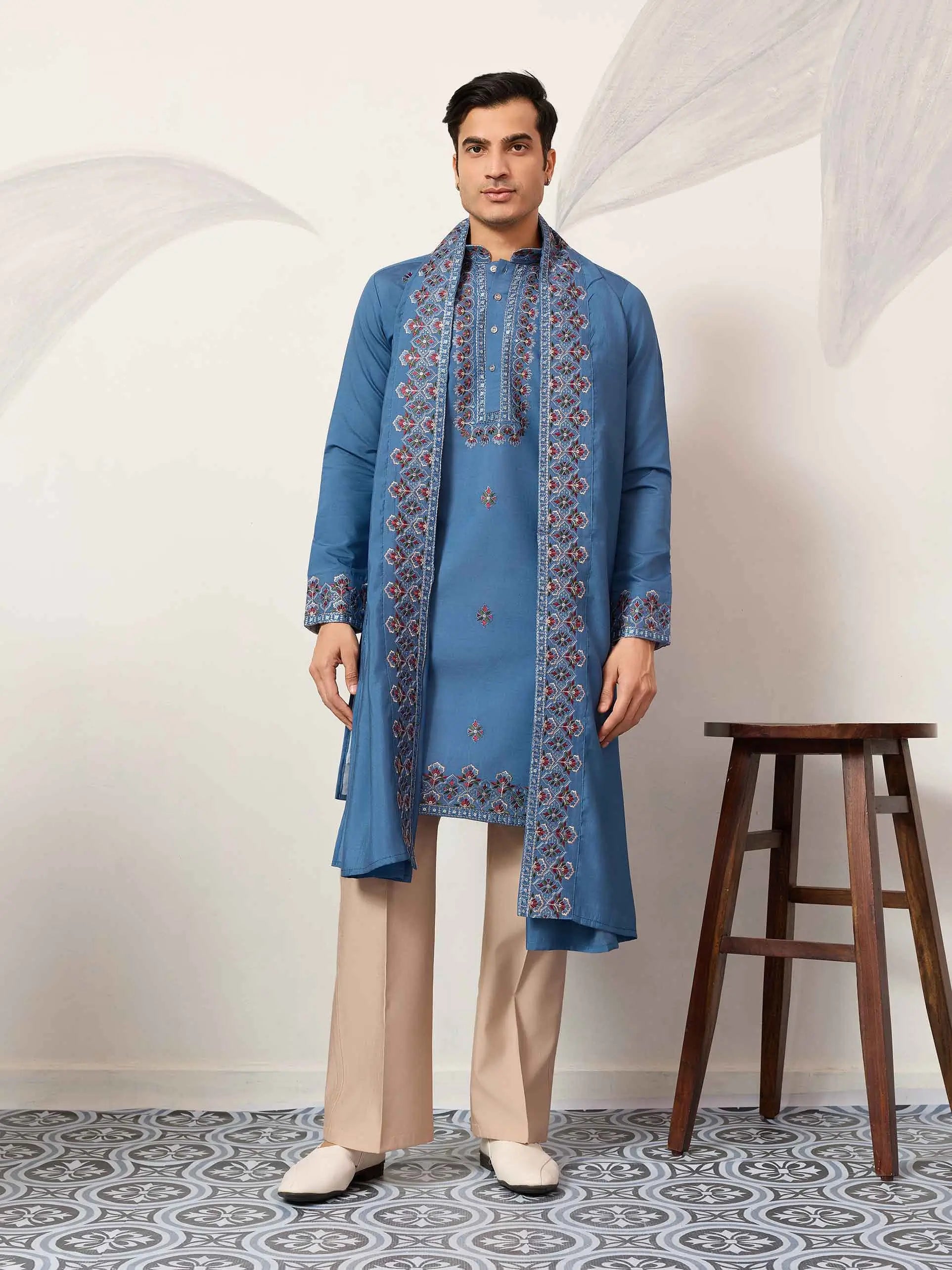 Cyan Blue Embroidery Kurta With Dupatta
