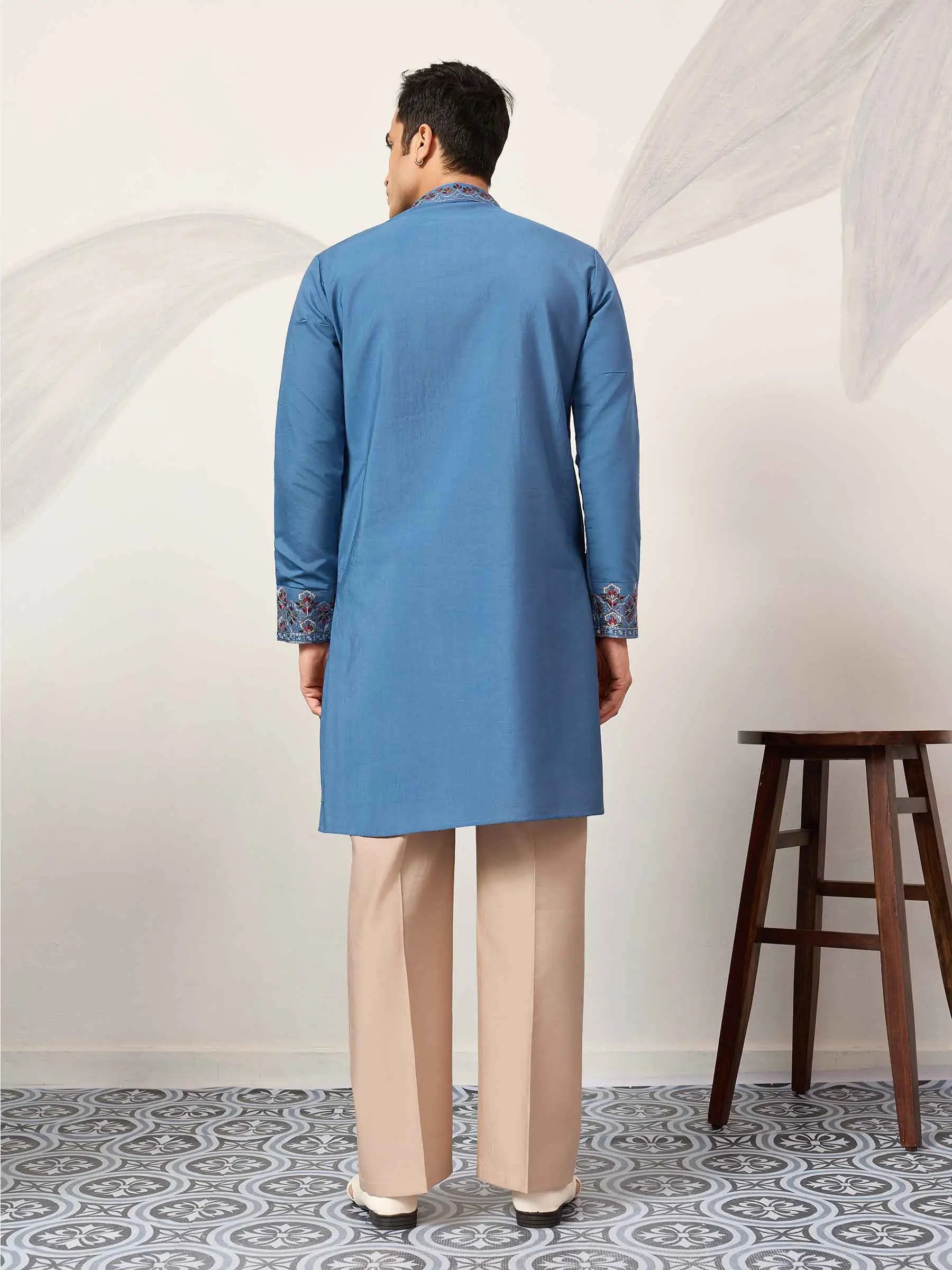 Cyan Blue Embroidery Kurta With Dupatta