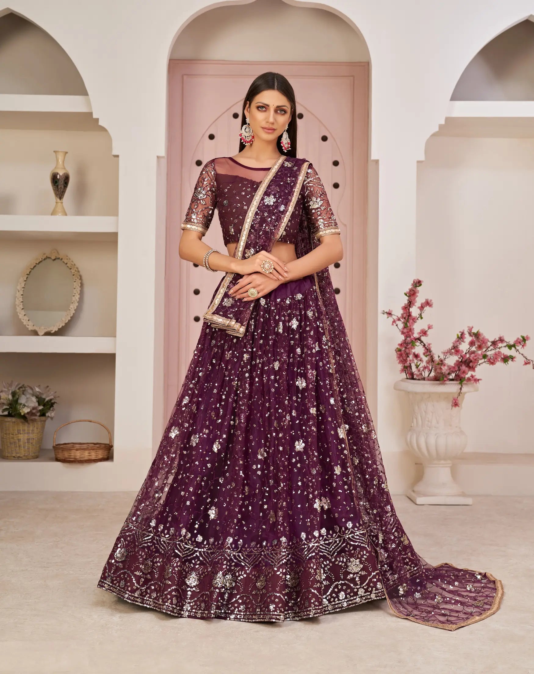 Wine Net Lehenga Choli With White Cotton Thread Work, Zari Work & Sequence Work - qivii