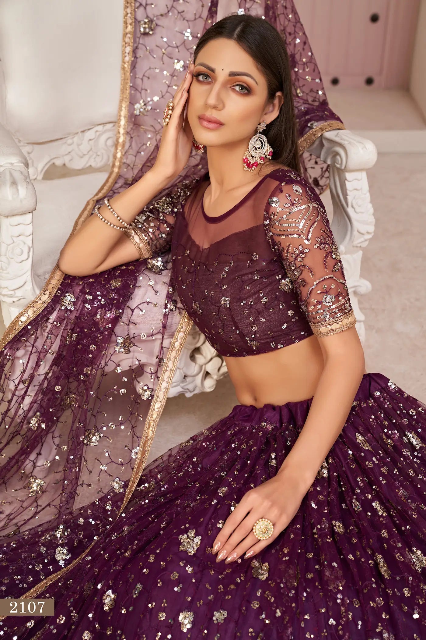 Wine Net Lehenga Choli With White Cotton Thread Work, Zari Work & Sequence Work - qivii
